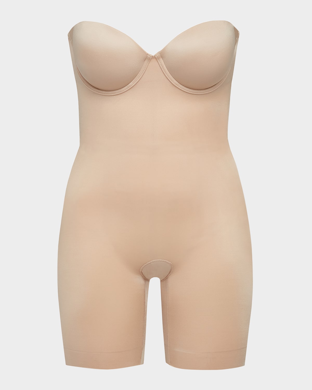 Shop Spanx Suit Your Fancy Strapless Cupped Mid-thigh Shaping Bodysuit In Champagne