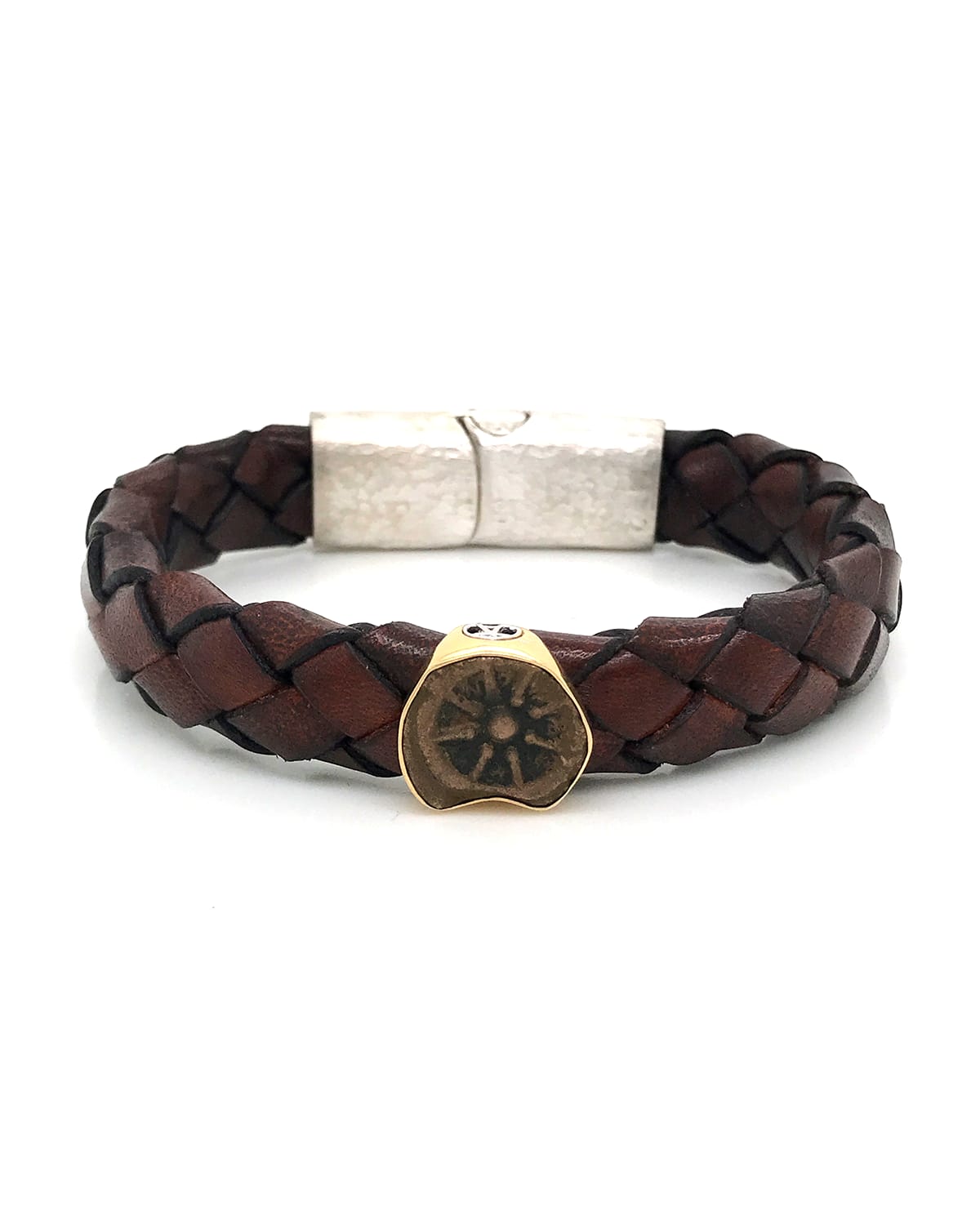 Jorge Adeler Men's Ancient Charity Coin Braided Leather Bracelet In Yellow Gold