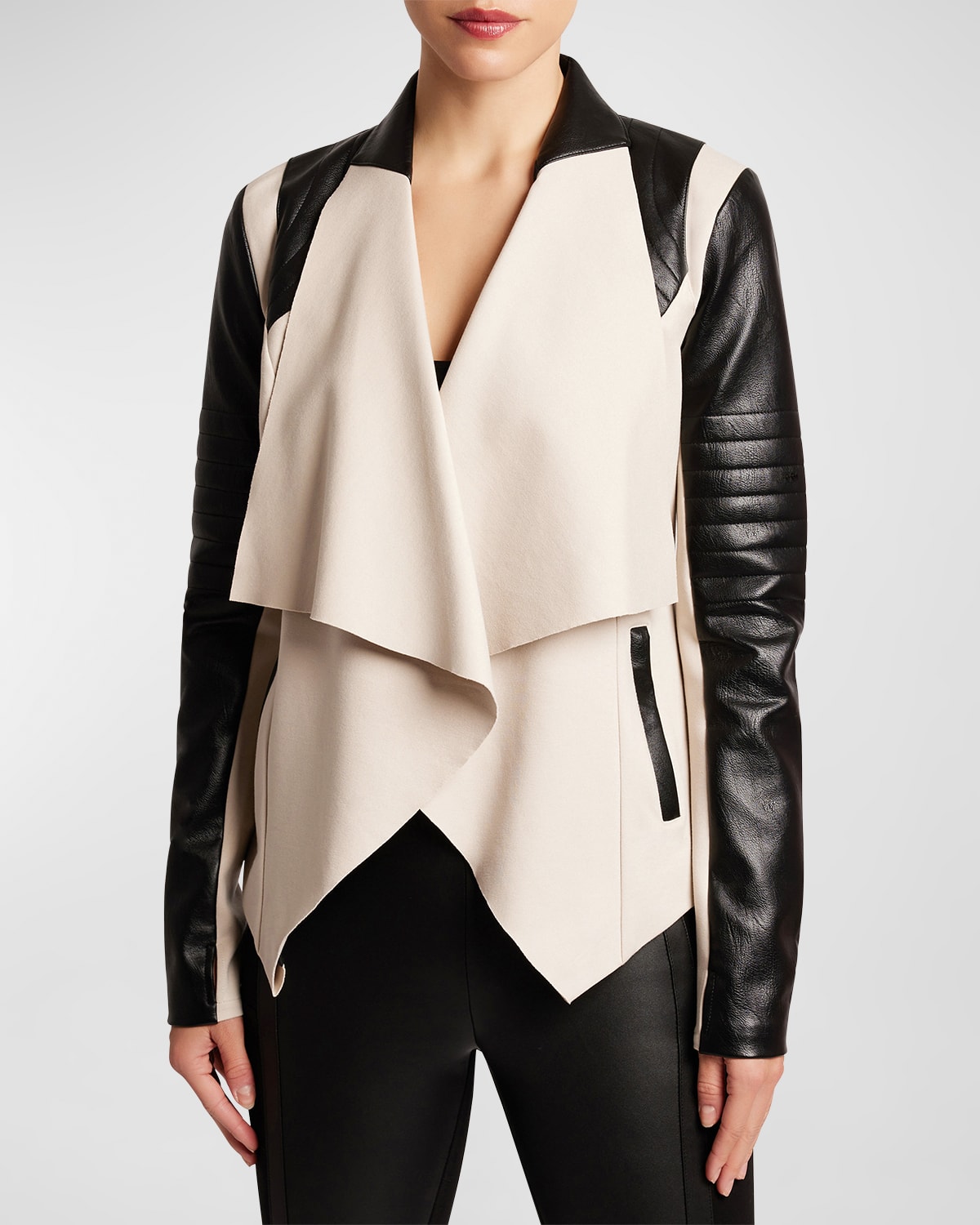 BLANC NOIR DRAPE-FRONT QUILTED FAUX-LEATHER JACKET