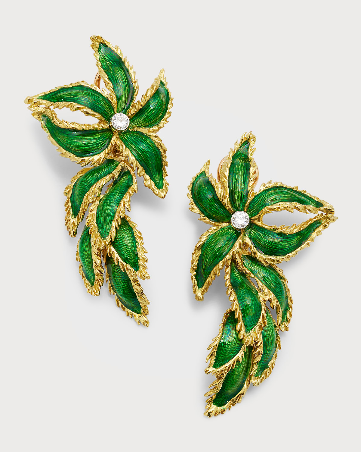 Estate 18K Yellow Gold and Platinum Earrings with Green Enamel Floral Leaf Drop
