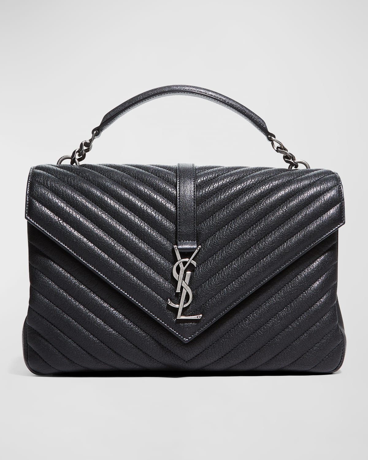 YSL Saint Laurent College Large Quilted Black Leather V-Flap Shoulder Bag  Silver - A World Of Goods For You, LLC