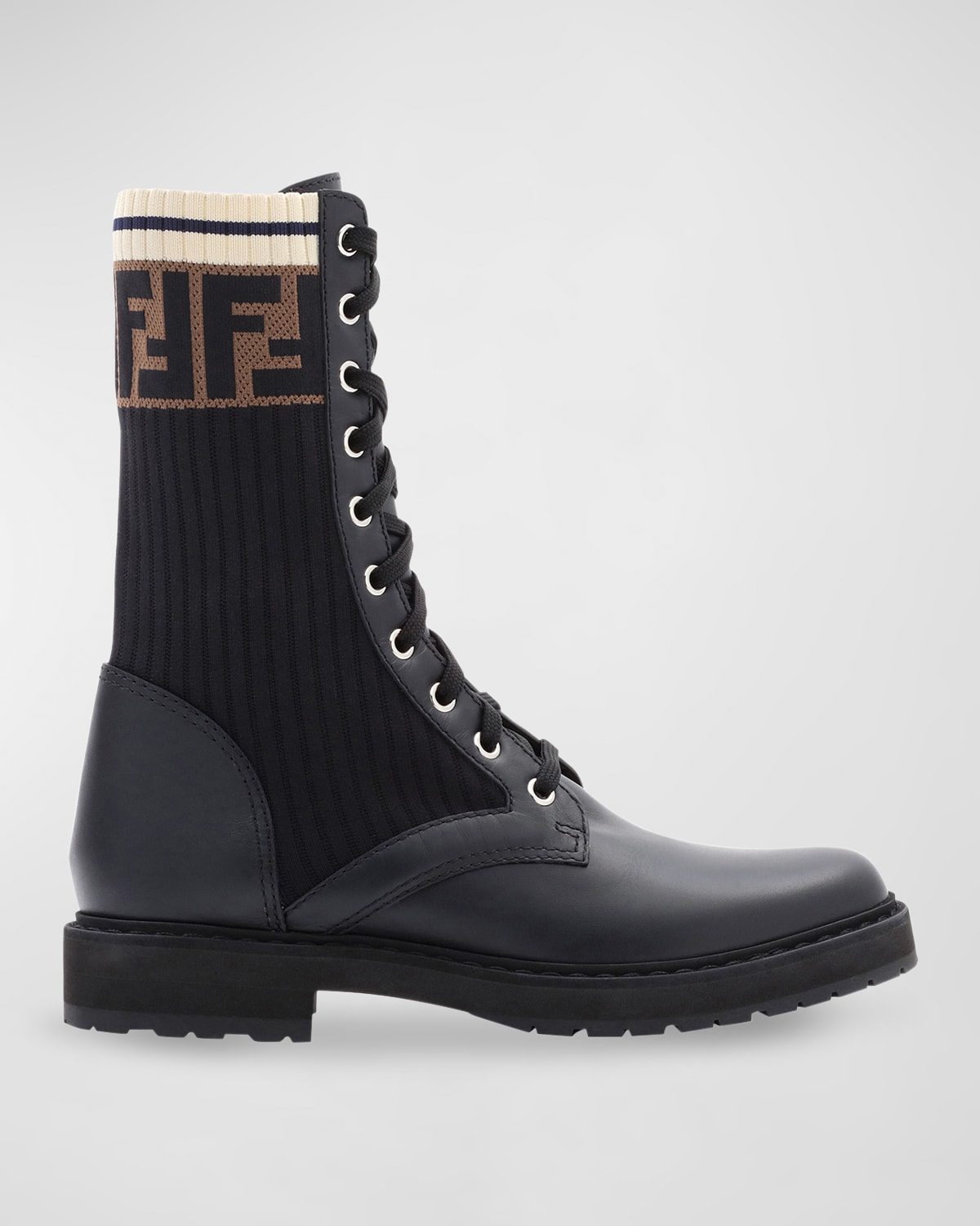 Fendi Logo Plaque Lace-up Biker Boots in Black