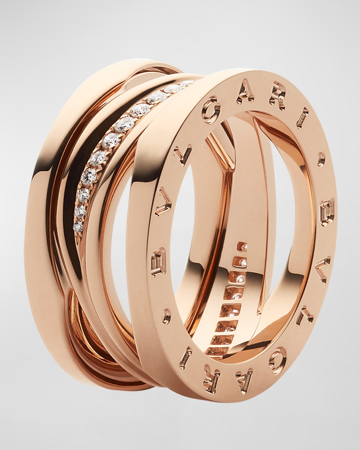 B.Zero1 18k Rose Gold Spiral Ring with Diamond Trim, Size 55