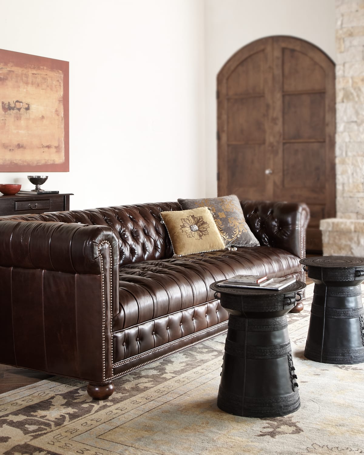 Shop Old Hickory Tannery Royal Leather Chesterfield Sofa 93" In Dark Brown 
