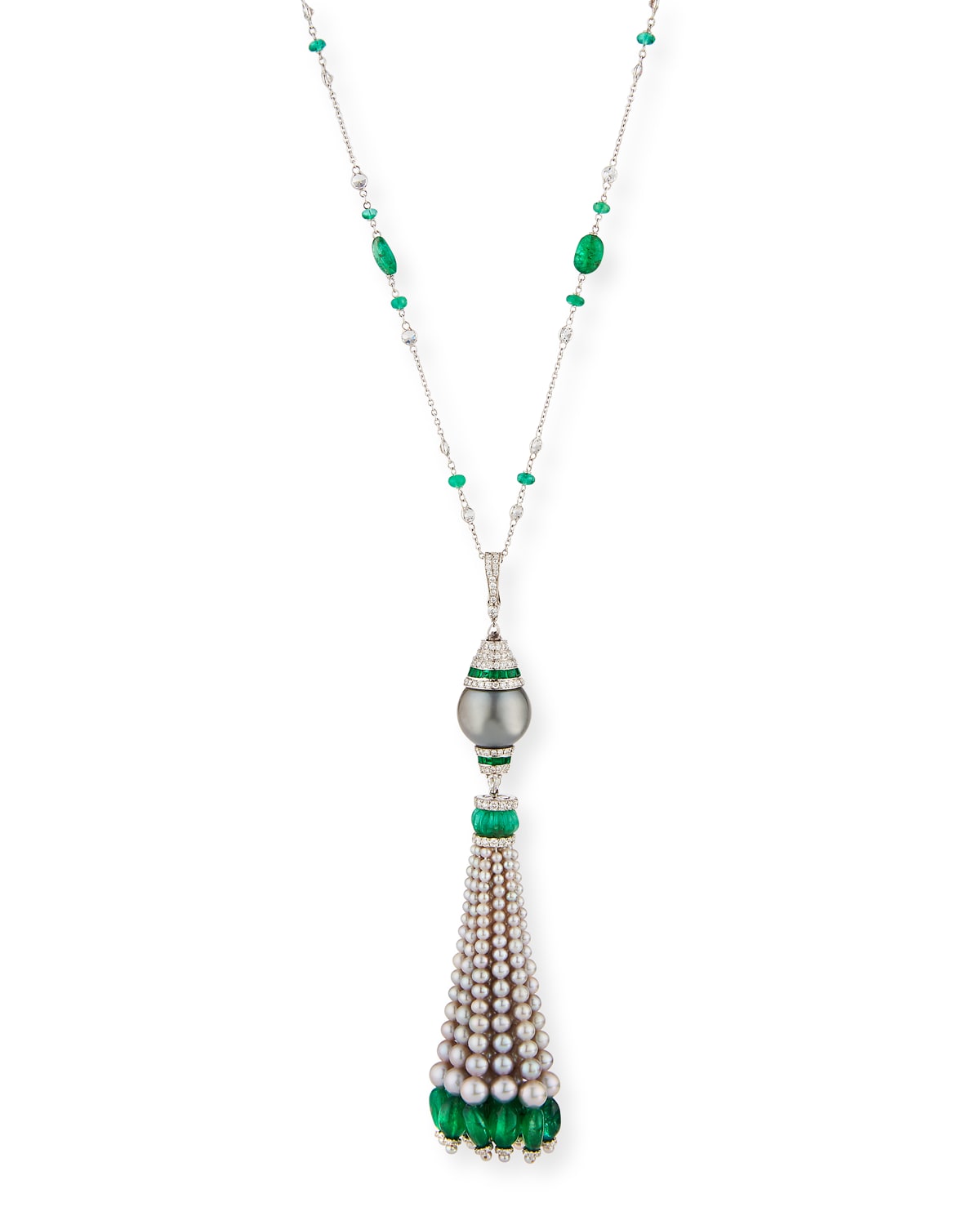 18k White Gold Emerald, Diamond & Pearl Tassel Necklace