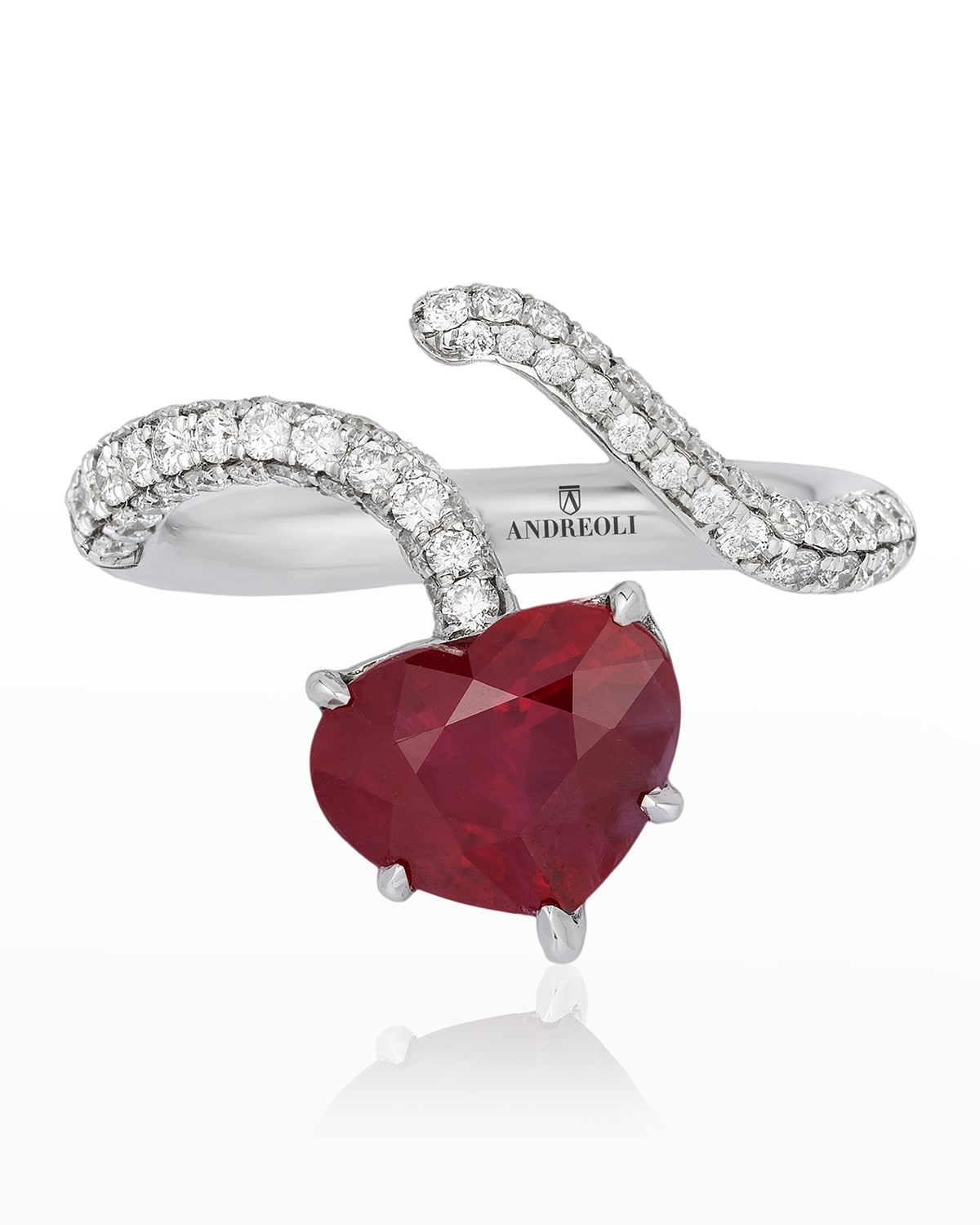 Andreoli White Gold Burma Ruby Heart Ring with Diamonds