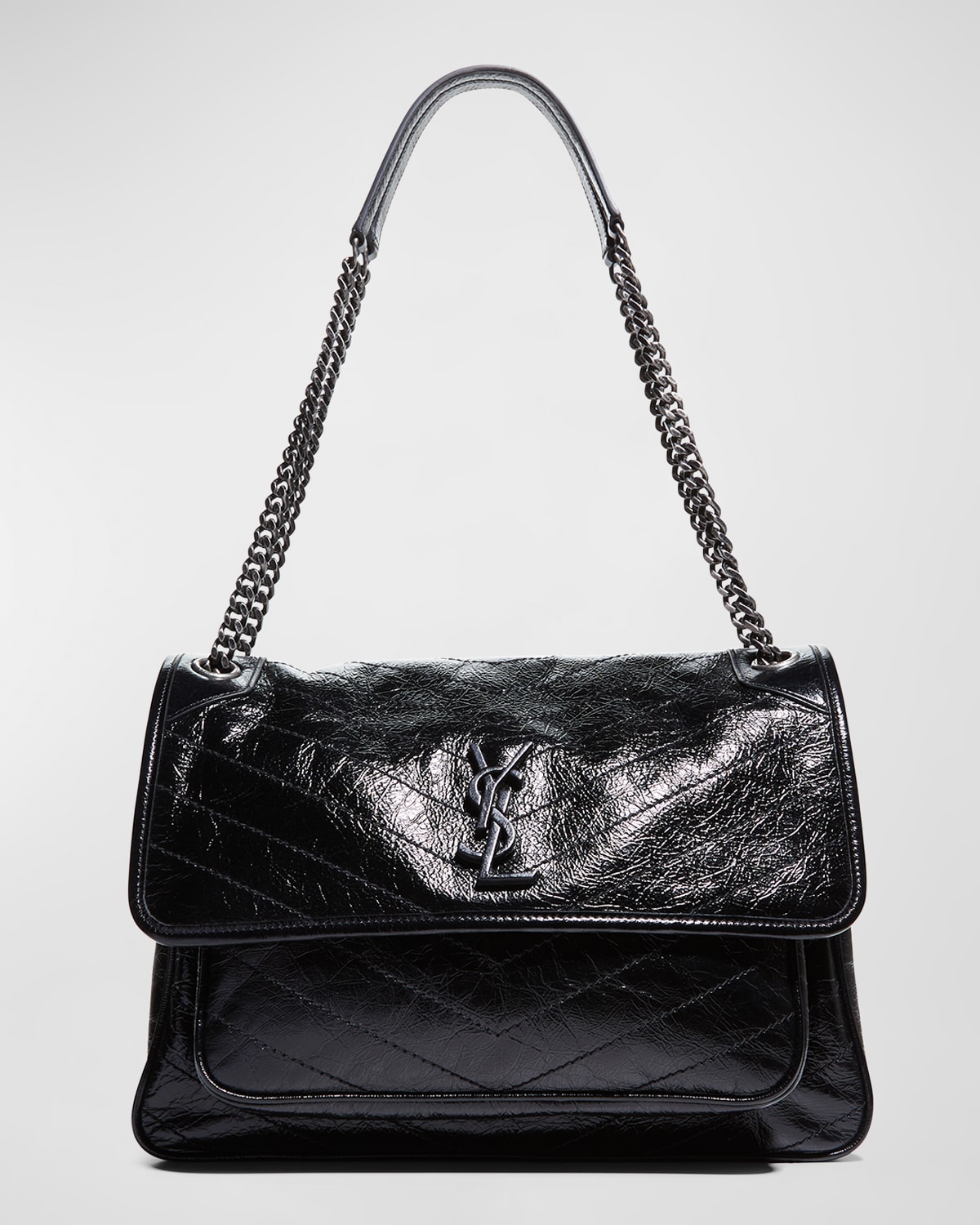 Saint Laurent Niki Large Flap Ysl Shoulder Bag In Crinkled Leather In Black