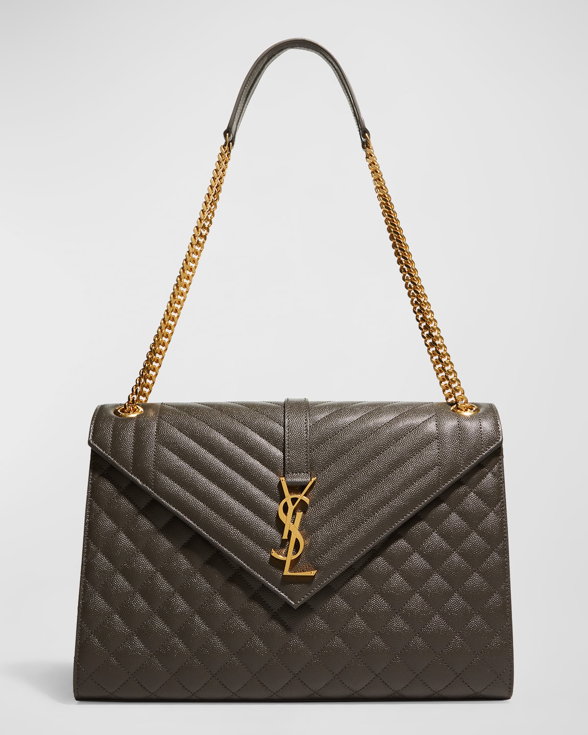 Saint Laurent Monogram Ysl V-flap Large Tri-quilt Envelope Chain Shoulder Bag - Golden Hardware In Gray