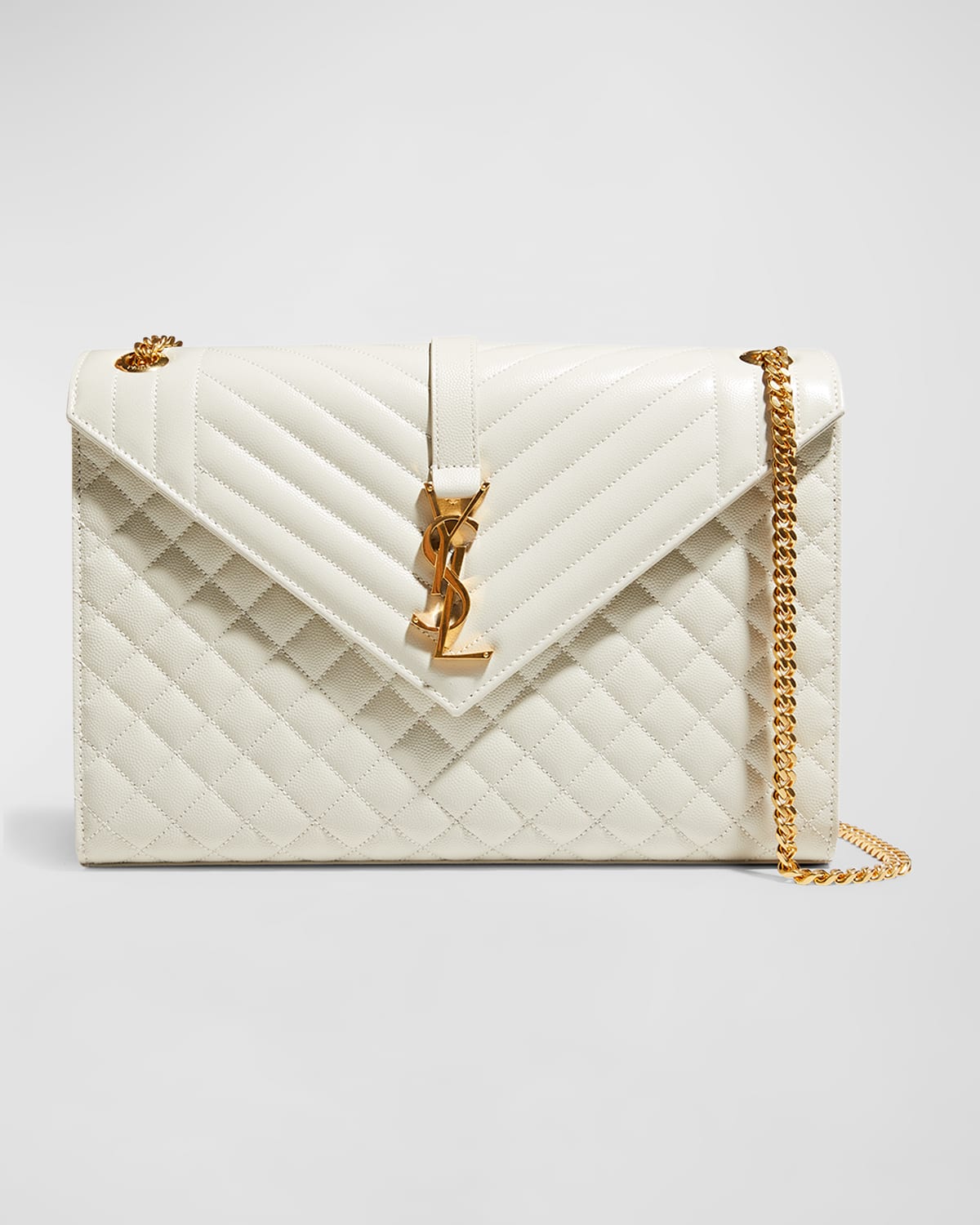 Saint Laurent Monogram Ysl V-flap Large Tri-quilt Envelope Chain Shoulder Bag - Golden Hardware In White