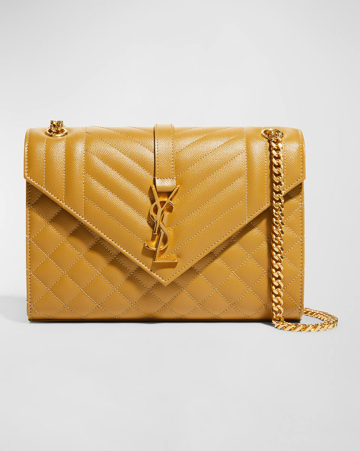 Saint Laurent Medium Tri-quilted Matelasse Grain De Poudre Flap Shoulder Bag, Golden Hardware In Camel