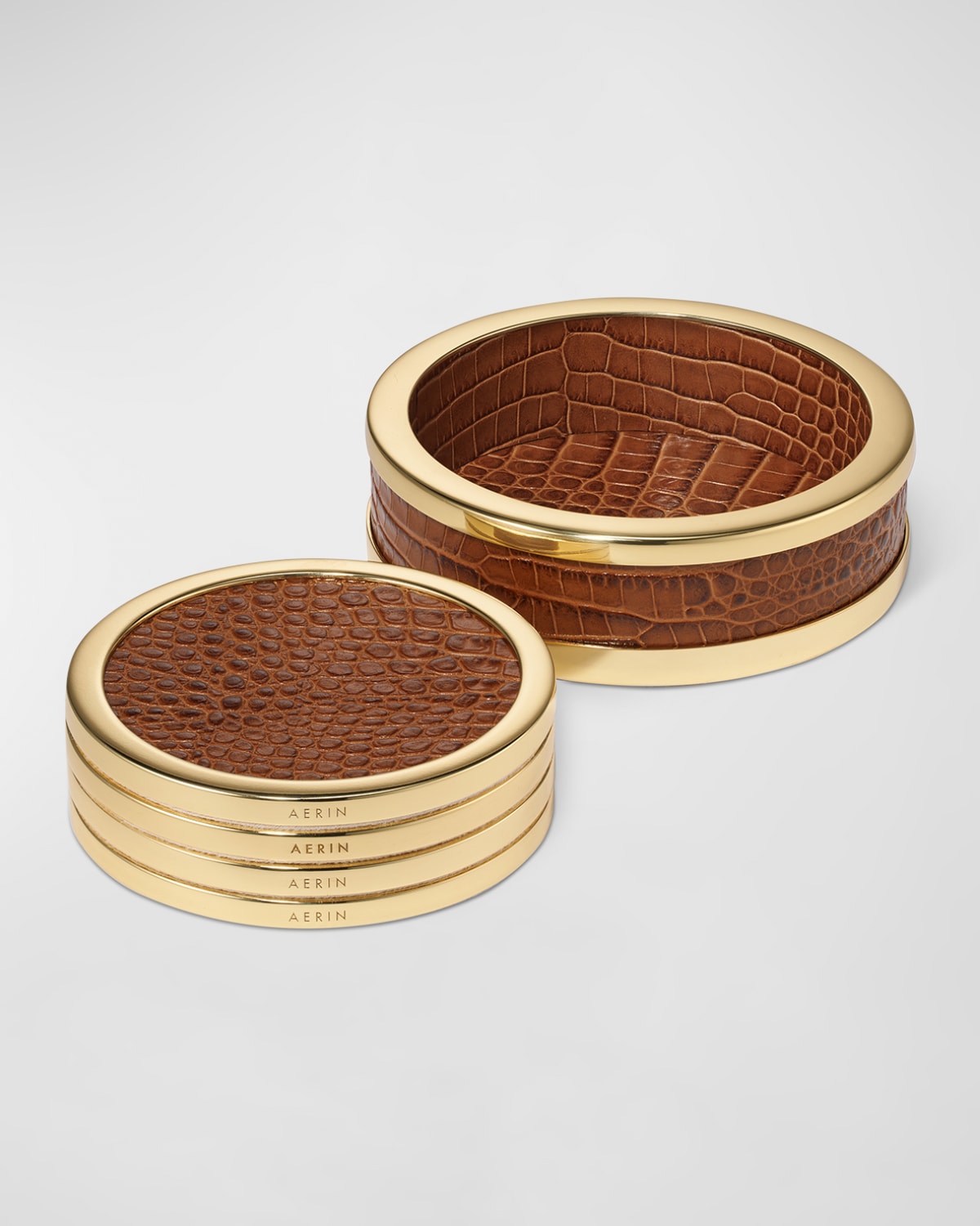 Aerin Classic Croc Embossed Leather Coasters In Chestnut, Set Of 4 In Chestnut