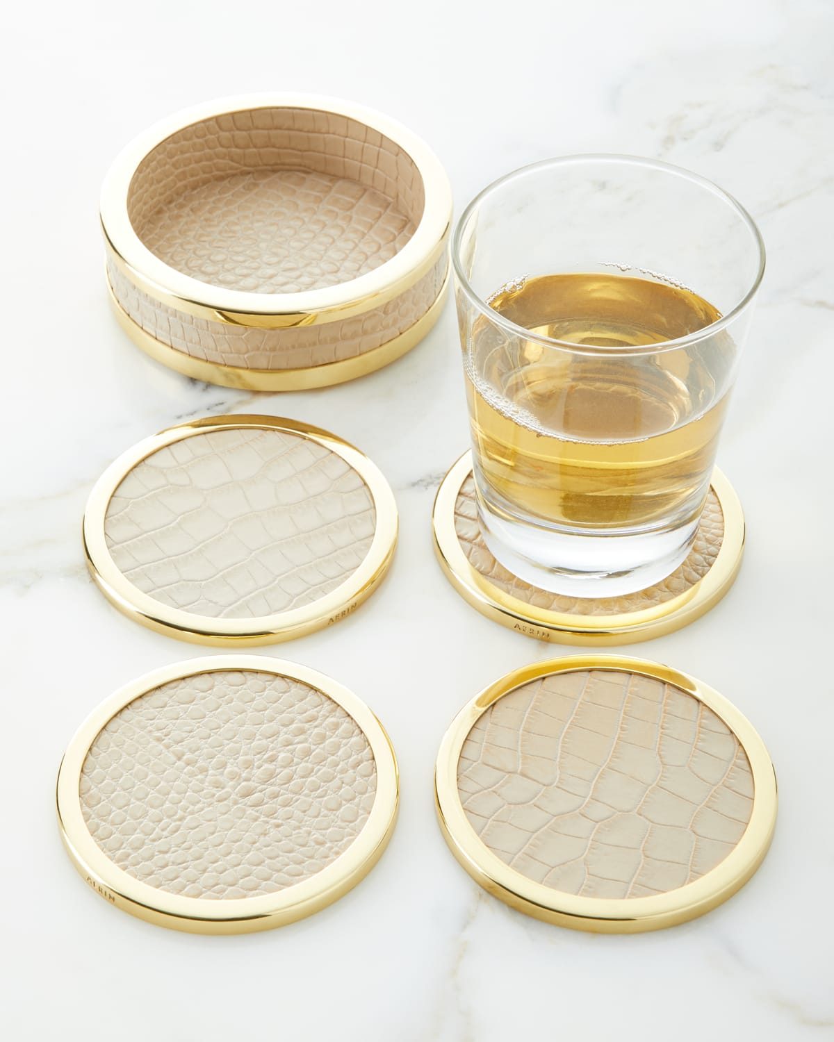 Shop Aerin Colette Croc-embossed Leather Coasters, Set Of 4 In Neutral