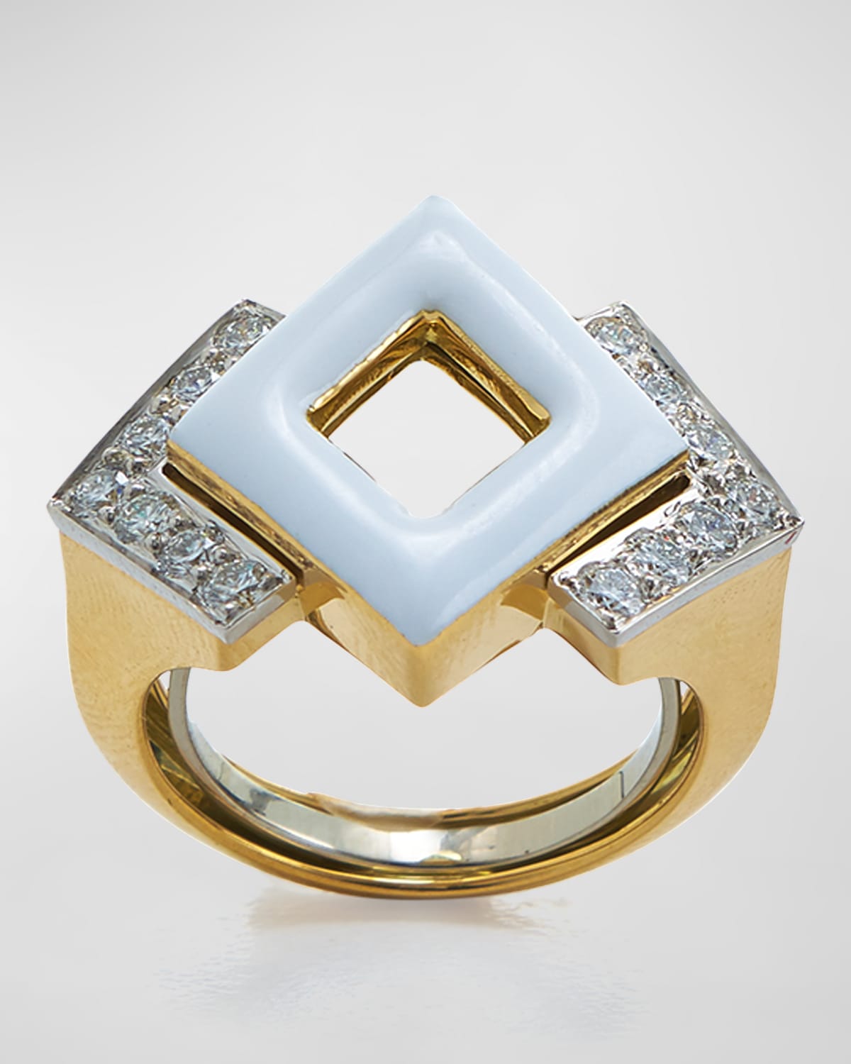 David Webb Double Diamond White Enamel Gold and Platinum Ring, Size 6.5