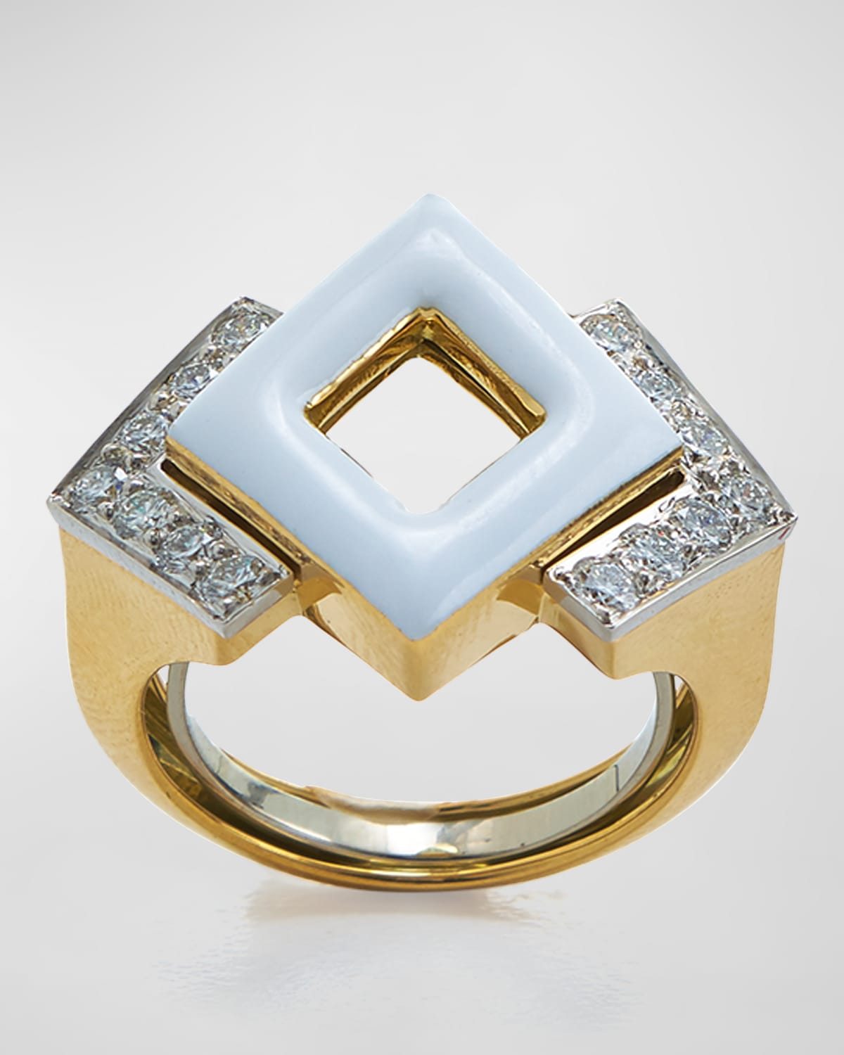 Double Diamond White Enamel Gold and Platinum Ring, Size 6.5