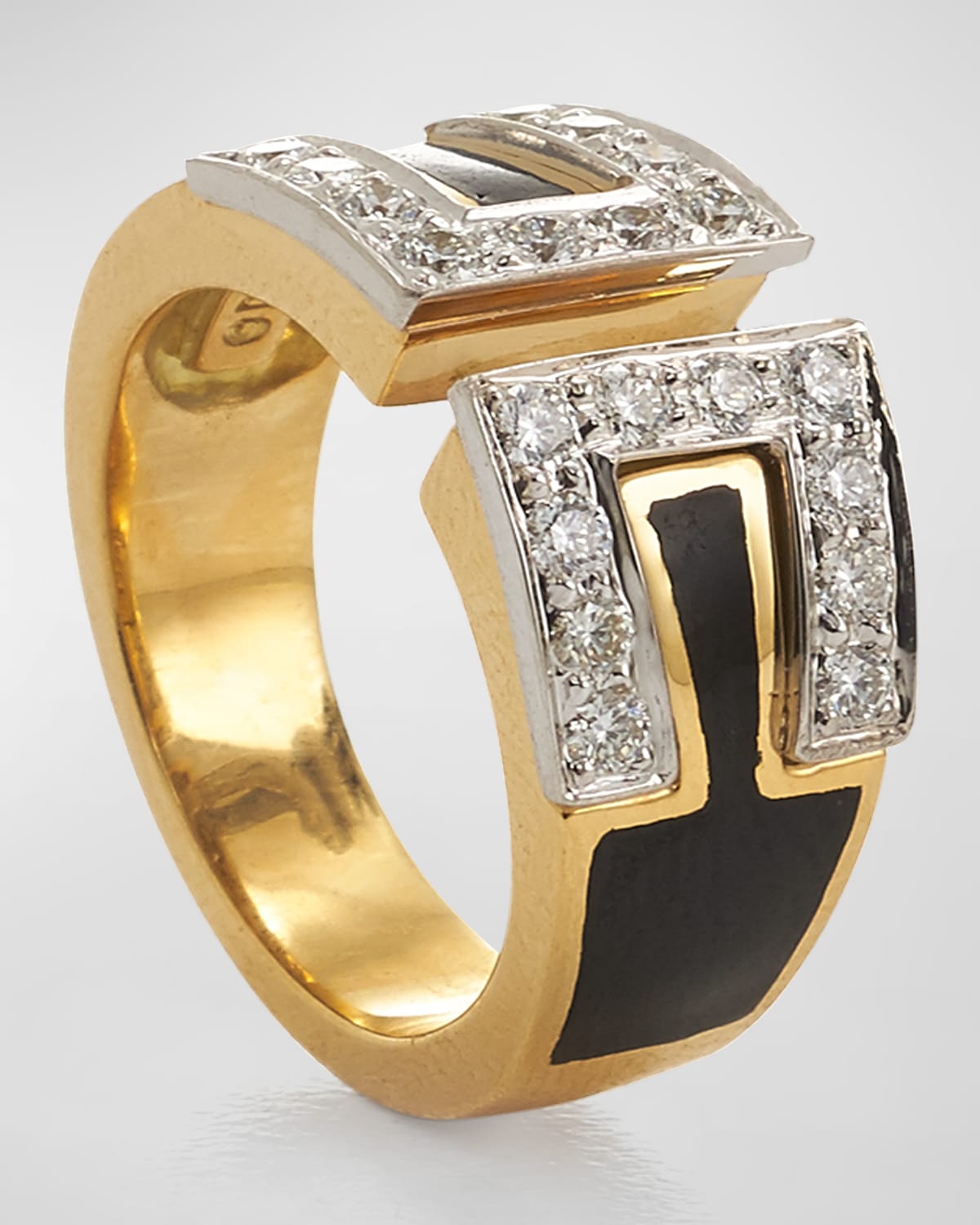 David Webb Brilliant-Cut Diamond and Black Enamel Ring in Platinum and Gold, Size 6.5