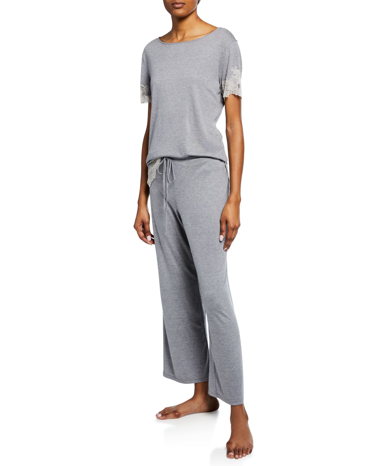Natori Shangri La Luxe Lace-trim Pajama Set In Light Gray