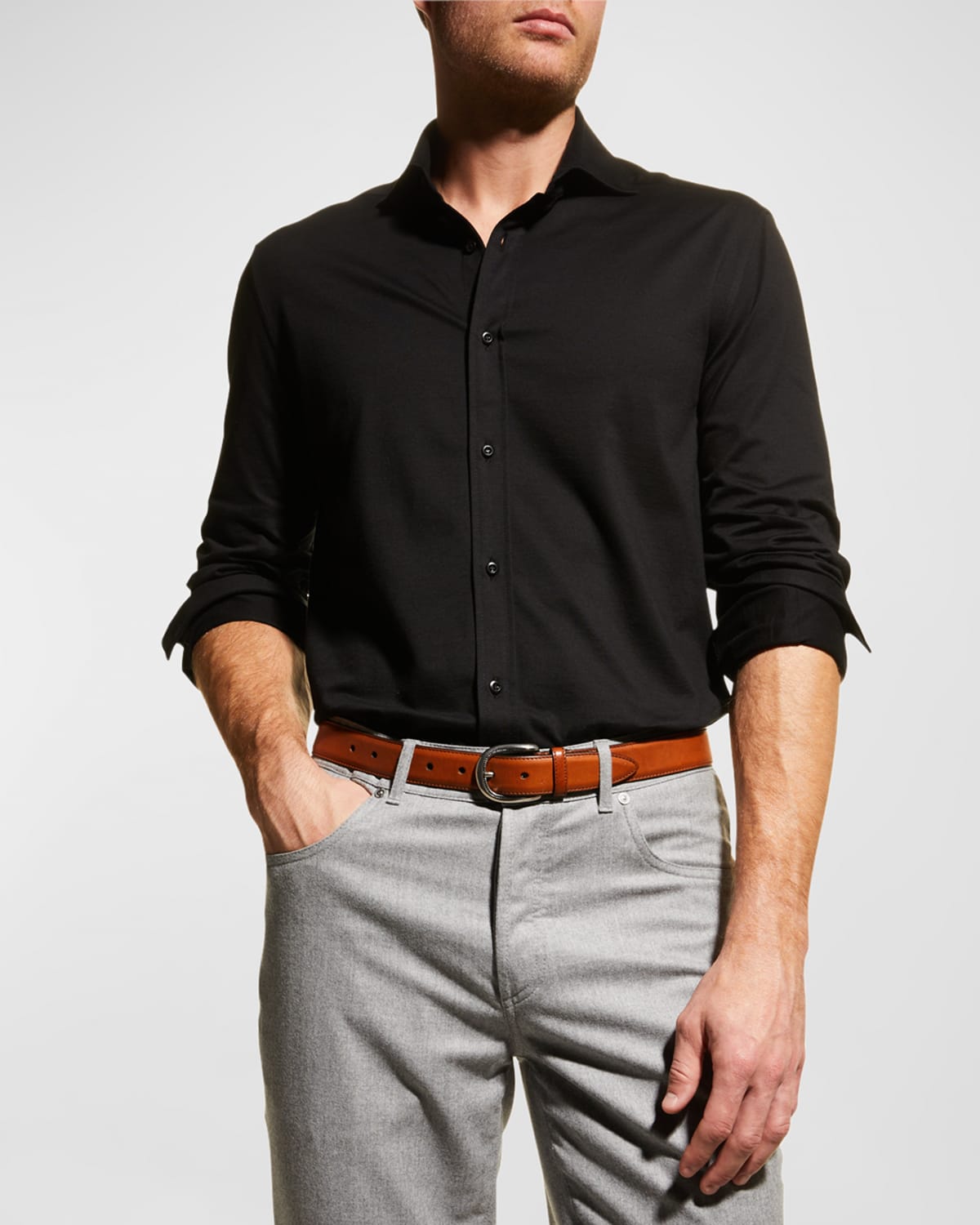 Brunello Cucinelli Men's Jersey Knit Sport Shirt In Black