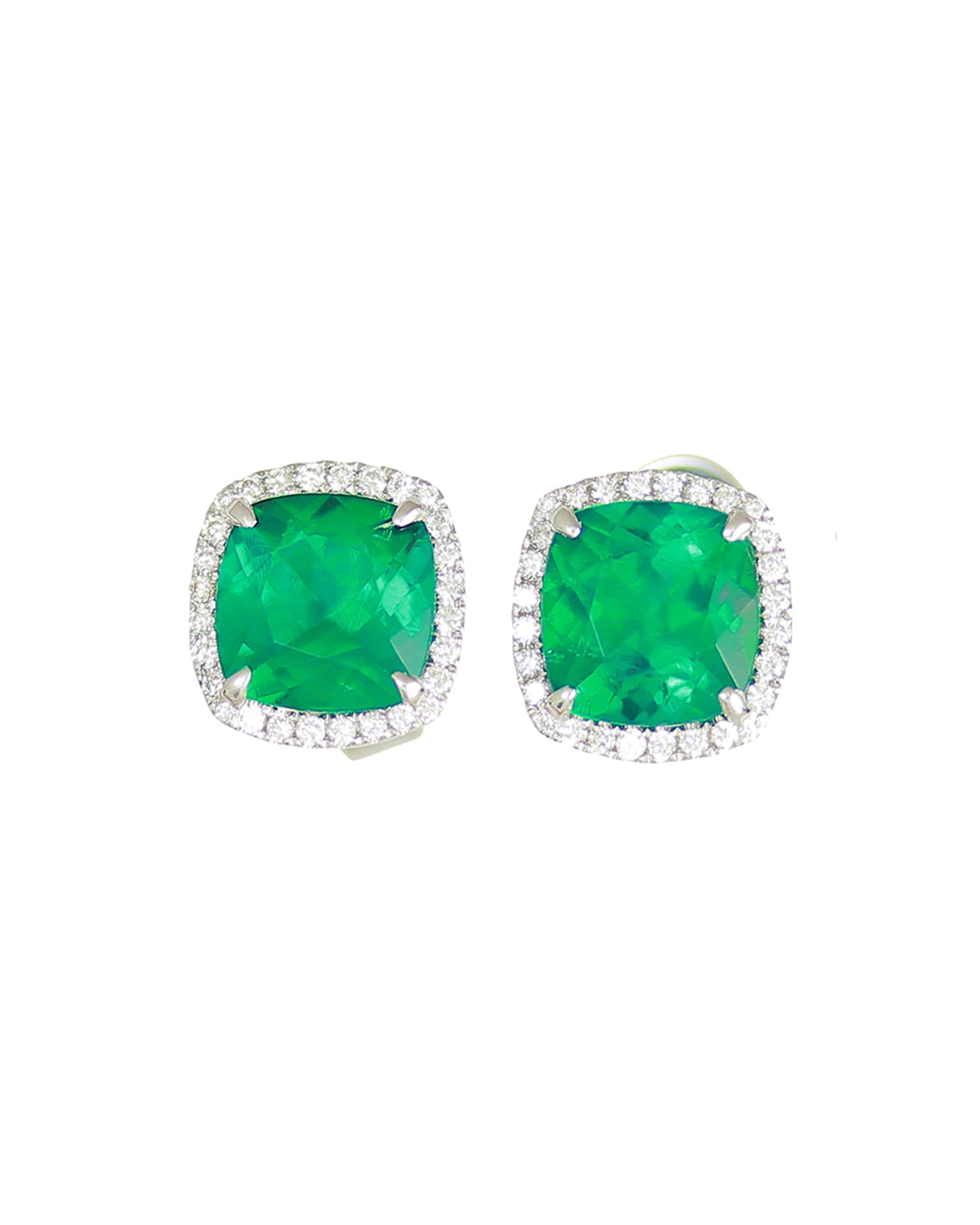 Frederic Sage 18K White Gold Cushion Lab-Created Emerald & Diamond Halo Stud Earrings