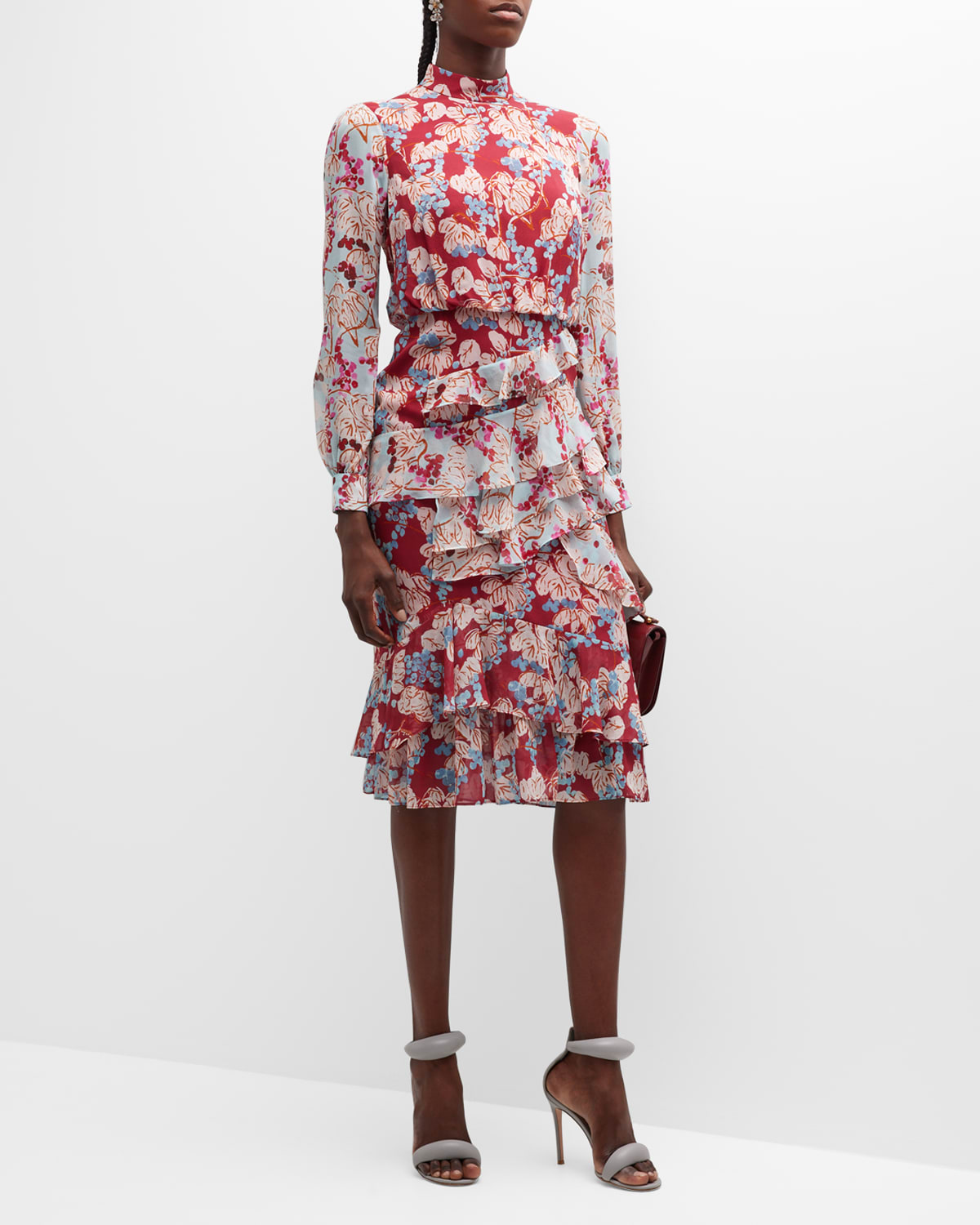 SALONI ISA MOCK-NECK FLORAL-PRINT SILK MIDI DRESS
