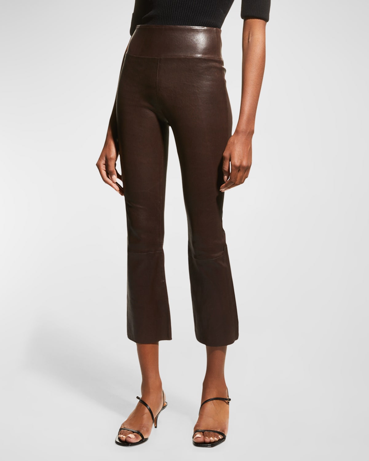 Sprwmn High-waist Flare-leg Cropped Leather Leggings In Moss