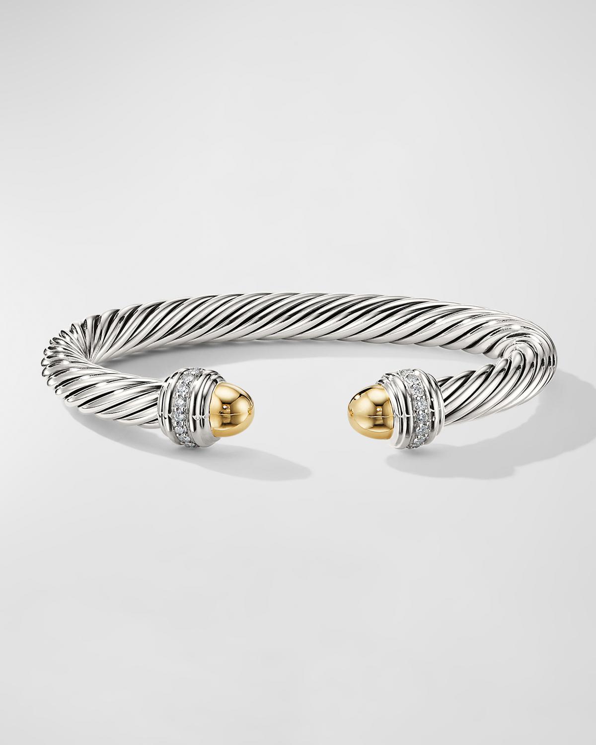 Cable Bracelet with Diamonds and 14K Gold, 7mm