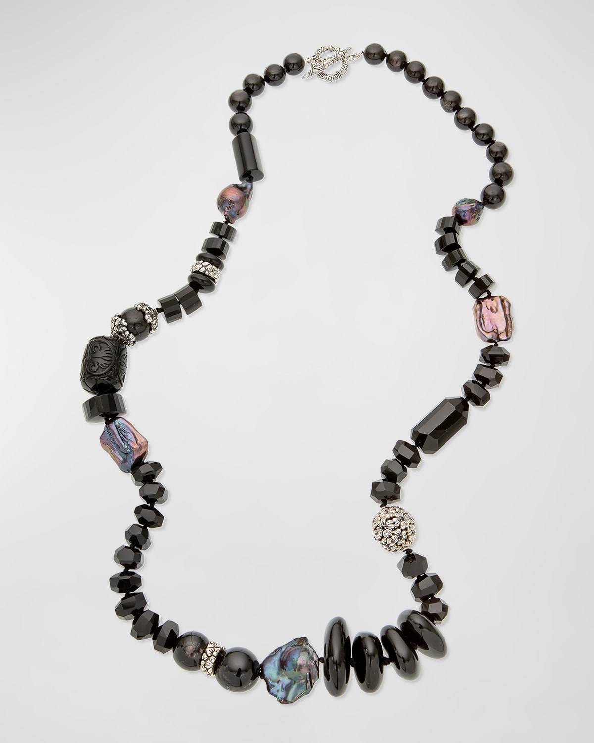 Black Agate, Baroque Pearl and Black Spinel Necklace in Sterling Silver