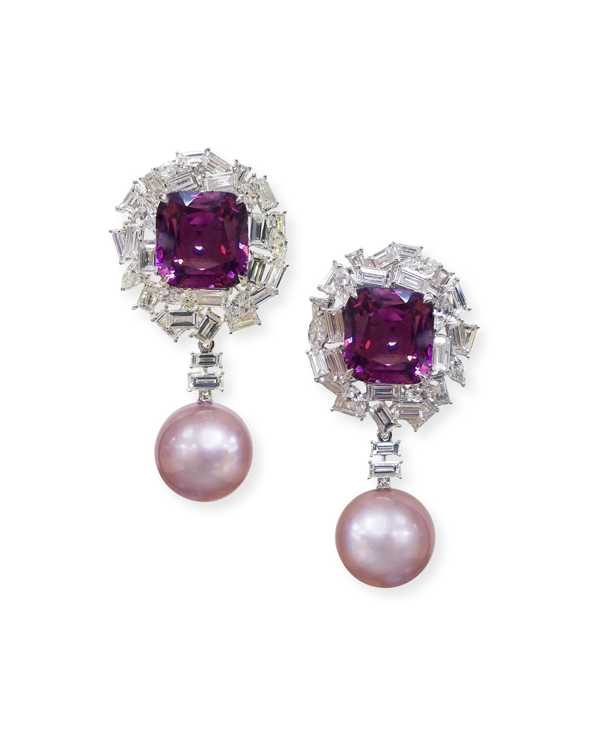 Margot McKinney Jewelry 18k White Gold Pink Pearl, Purple Spinel & Diamond Earrings
