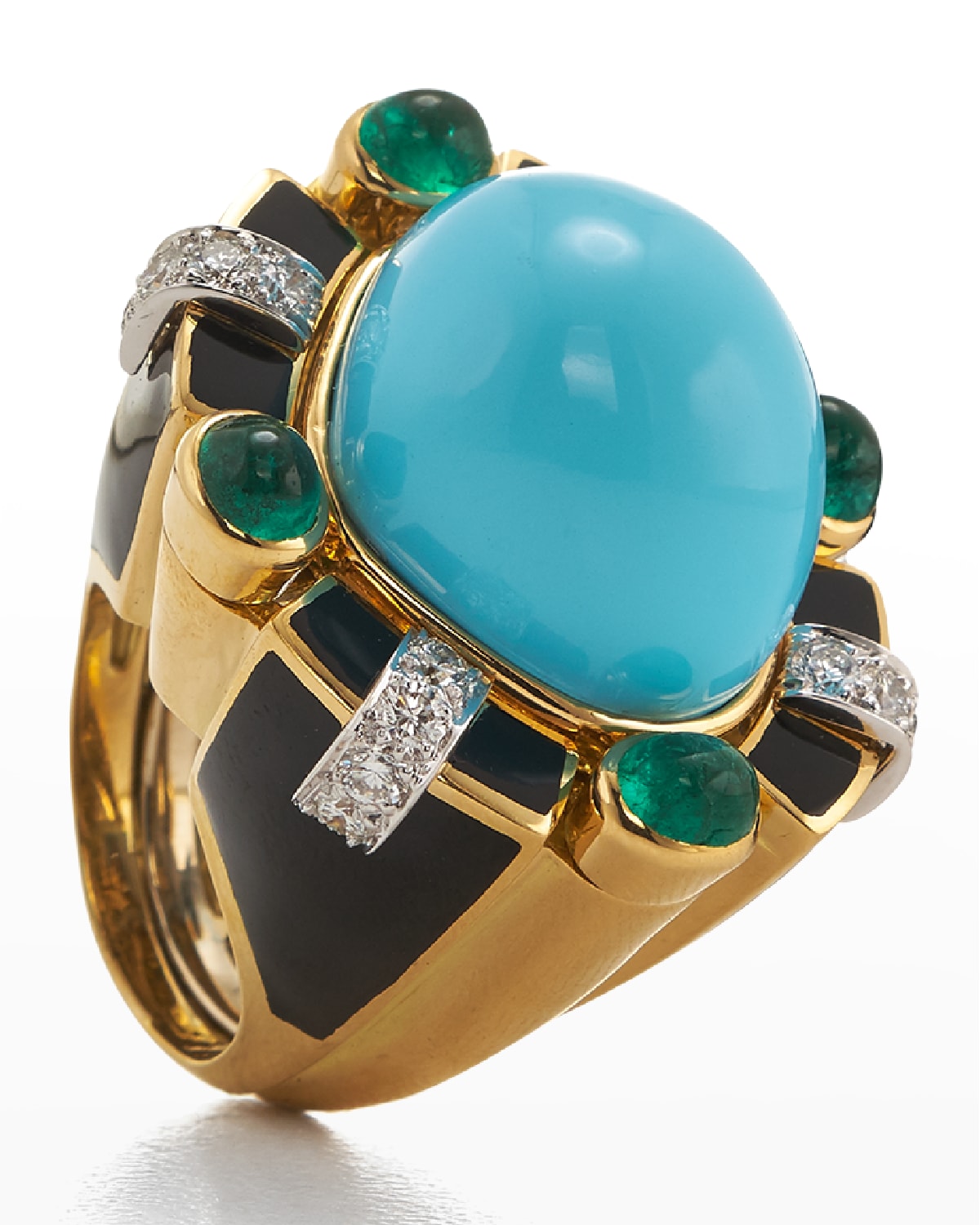 Turquoise, Emerald and Diamond Ring, Size 6.5