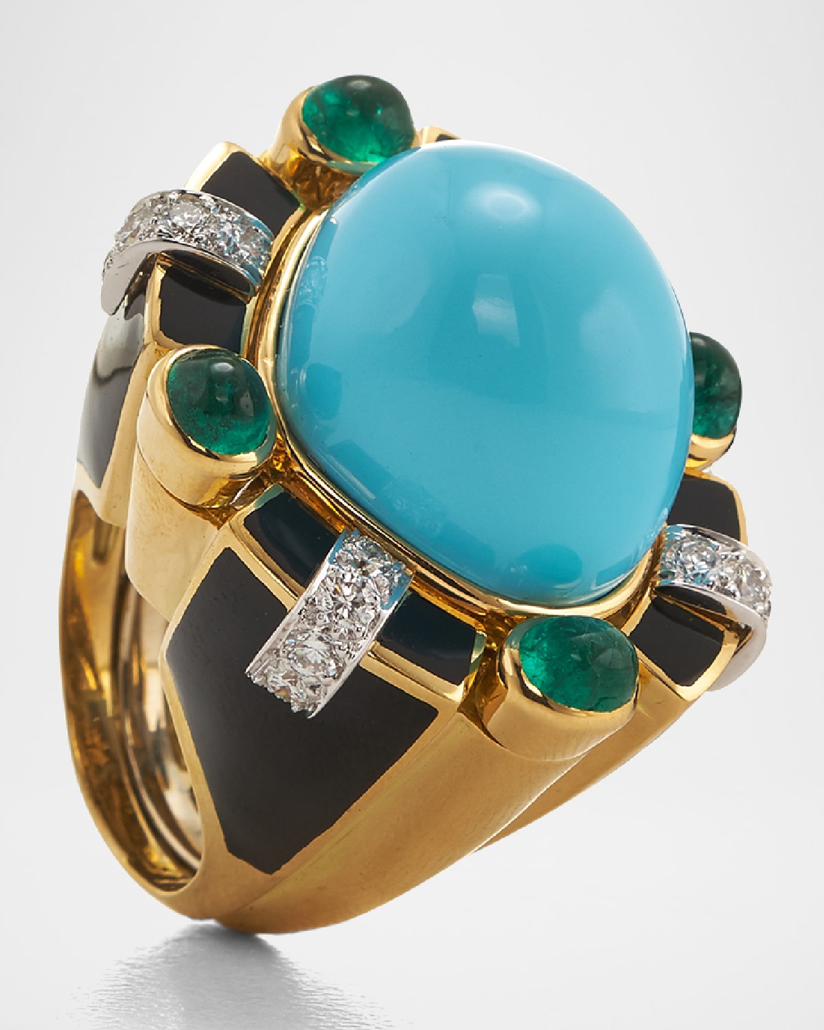 David Webb Turquoise, Emerald and Diamond Ring, Size 6.5
