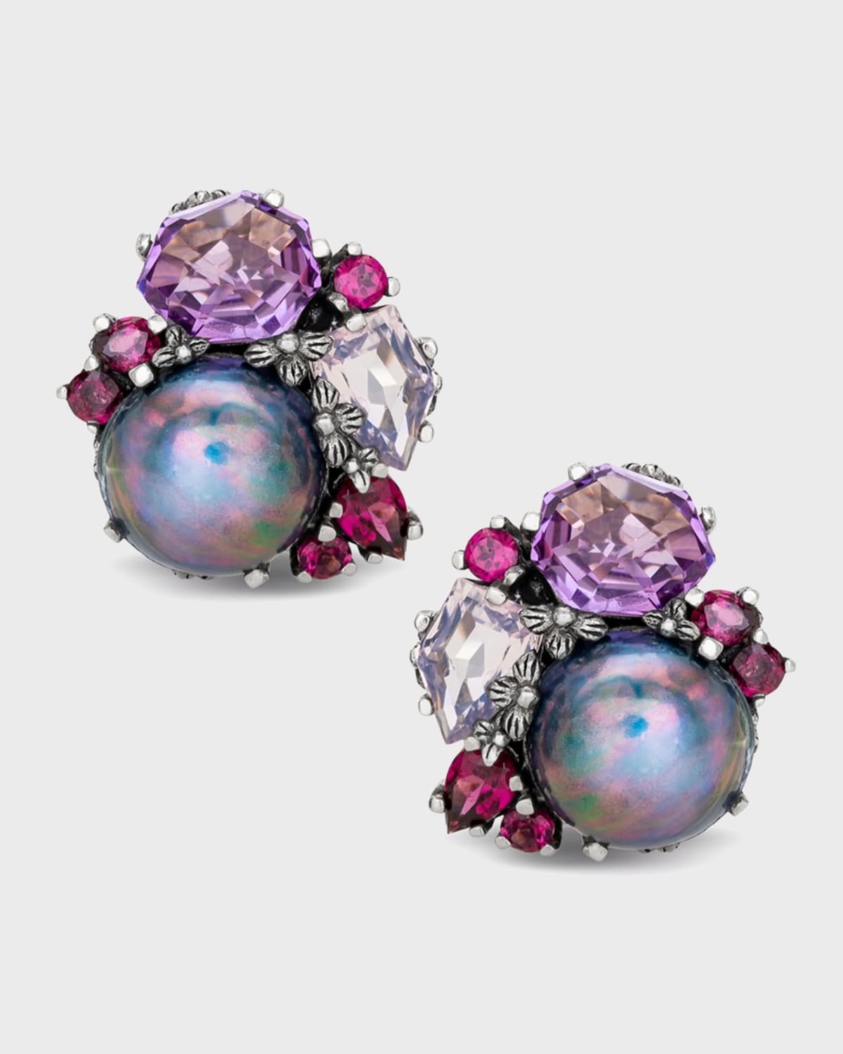 Pearl & Faceted Multi-Gemstone Cluster Clip-On Earrings