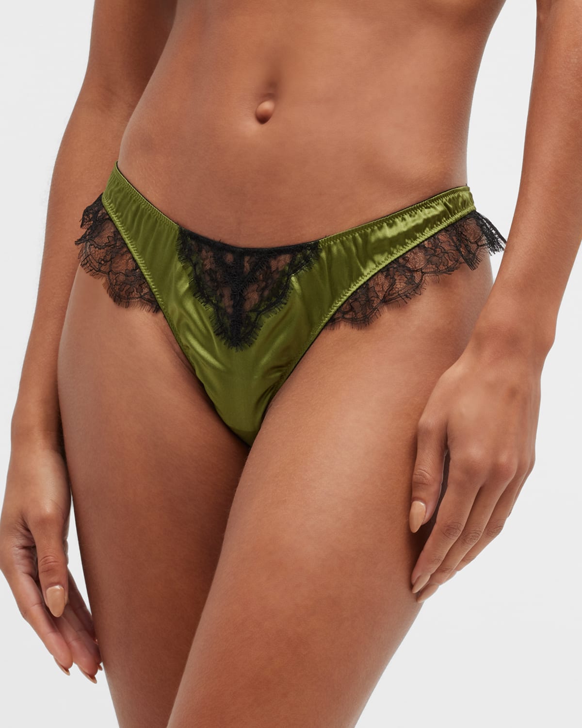 Kiki De Montparnasse Lace-trimmed Stretch-silk Charmeuse Thong In Verte