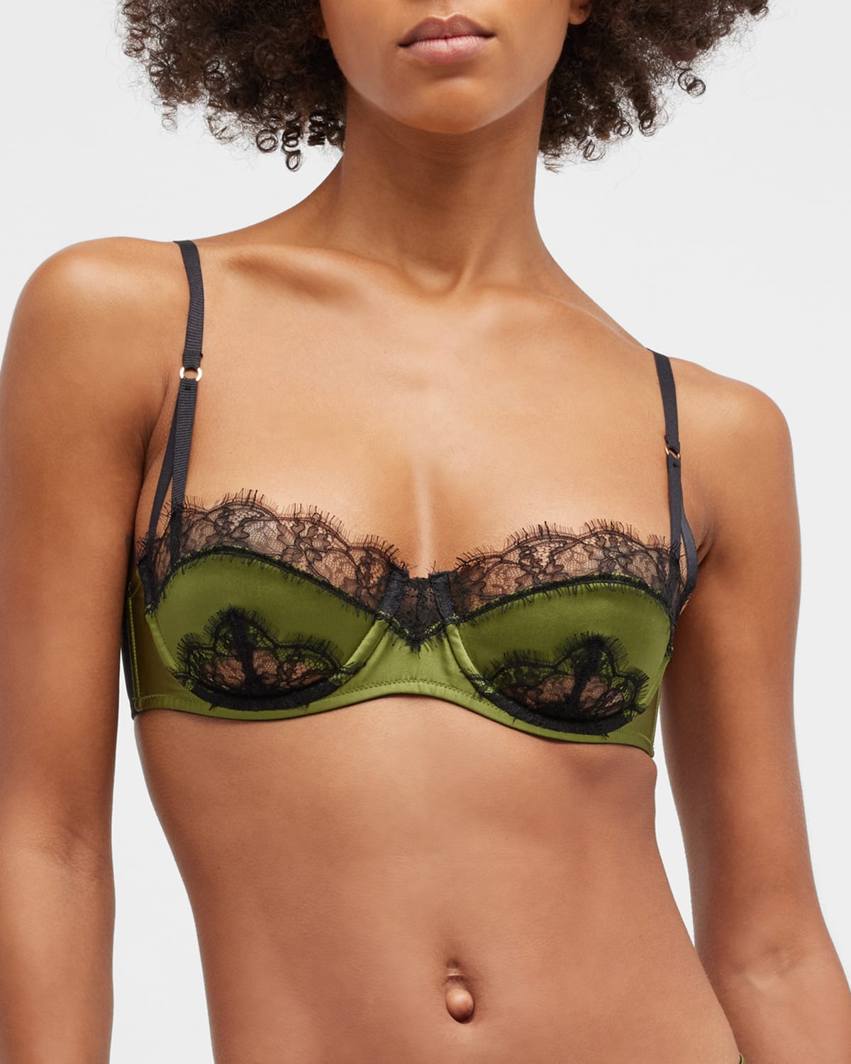 Kiki De Montparnasse Lace-trimmed Stretch-silk Charmeuse Underwired Balconette Bra In Verte