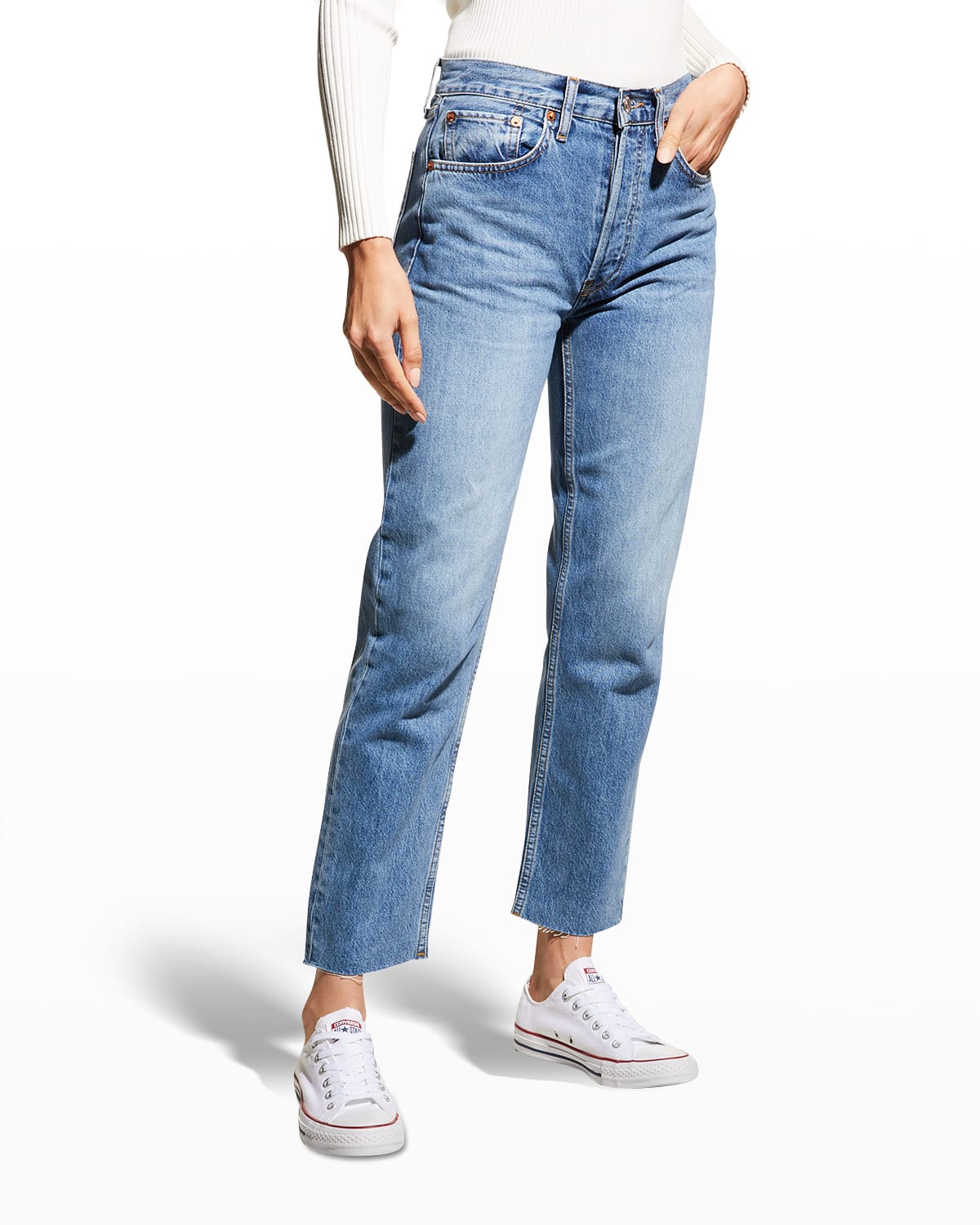 Re/done High-rise Distressed Cropped Stovepipe Jeans In Medium Vain
