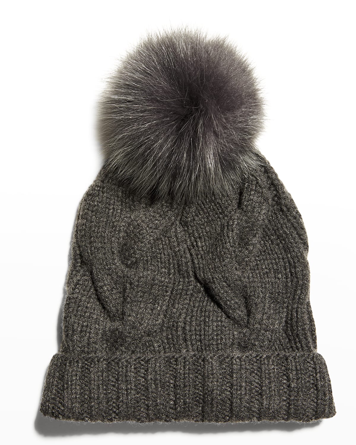 Loro Piana Cashmere Chunky Knit Beanie Hat W/ Fur Pompom In Light Gray