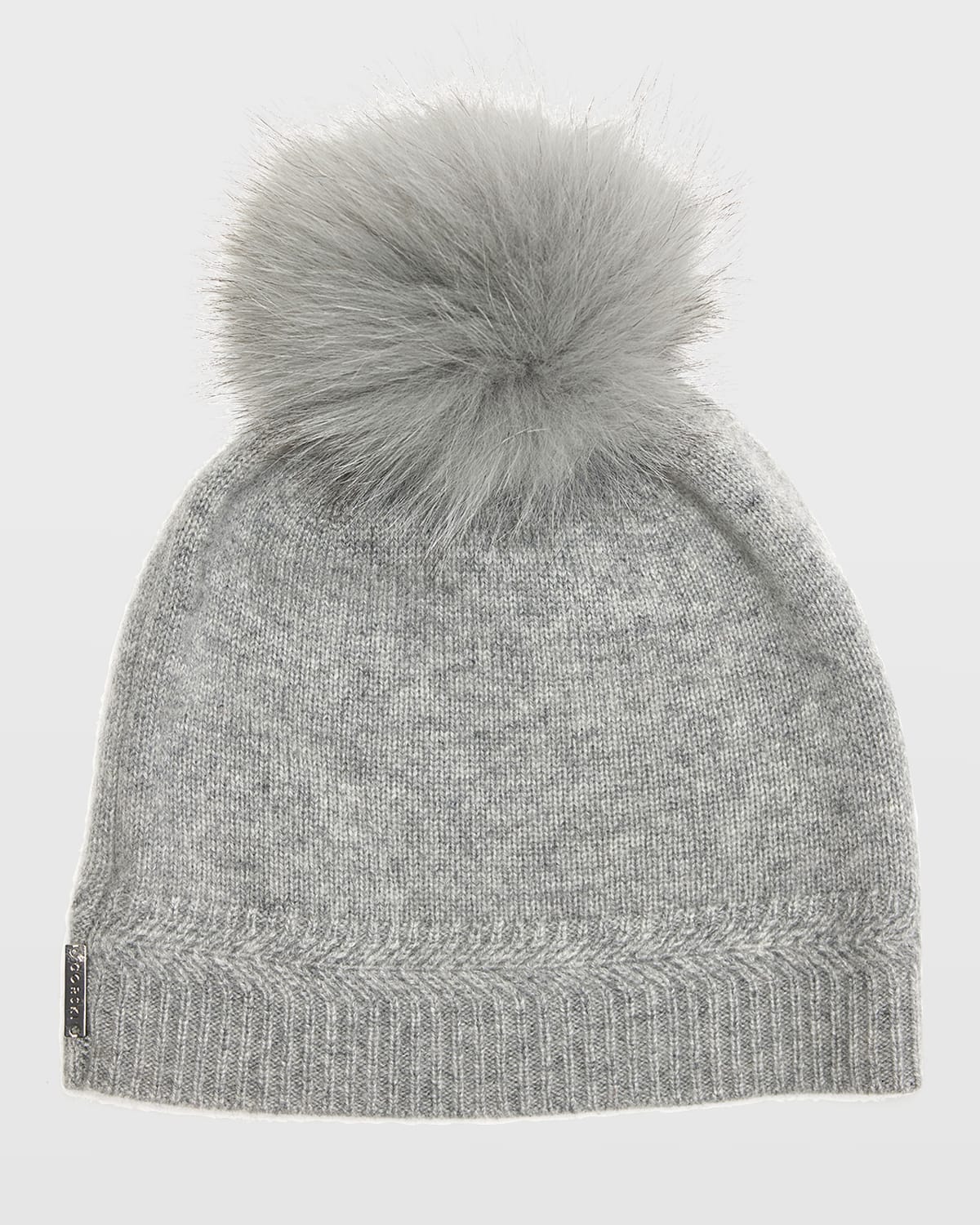 Gorski Knit Cashmere Beanie Hat W/ Fur Pompom In Light Gray