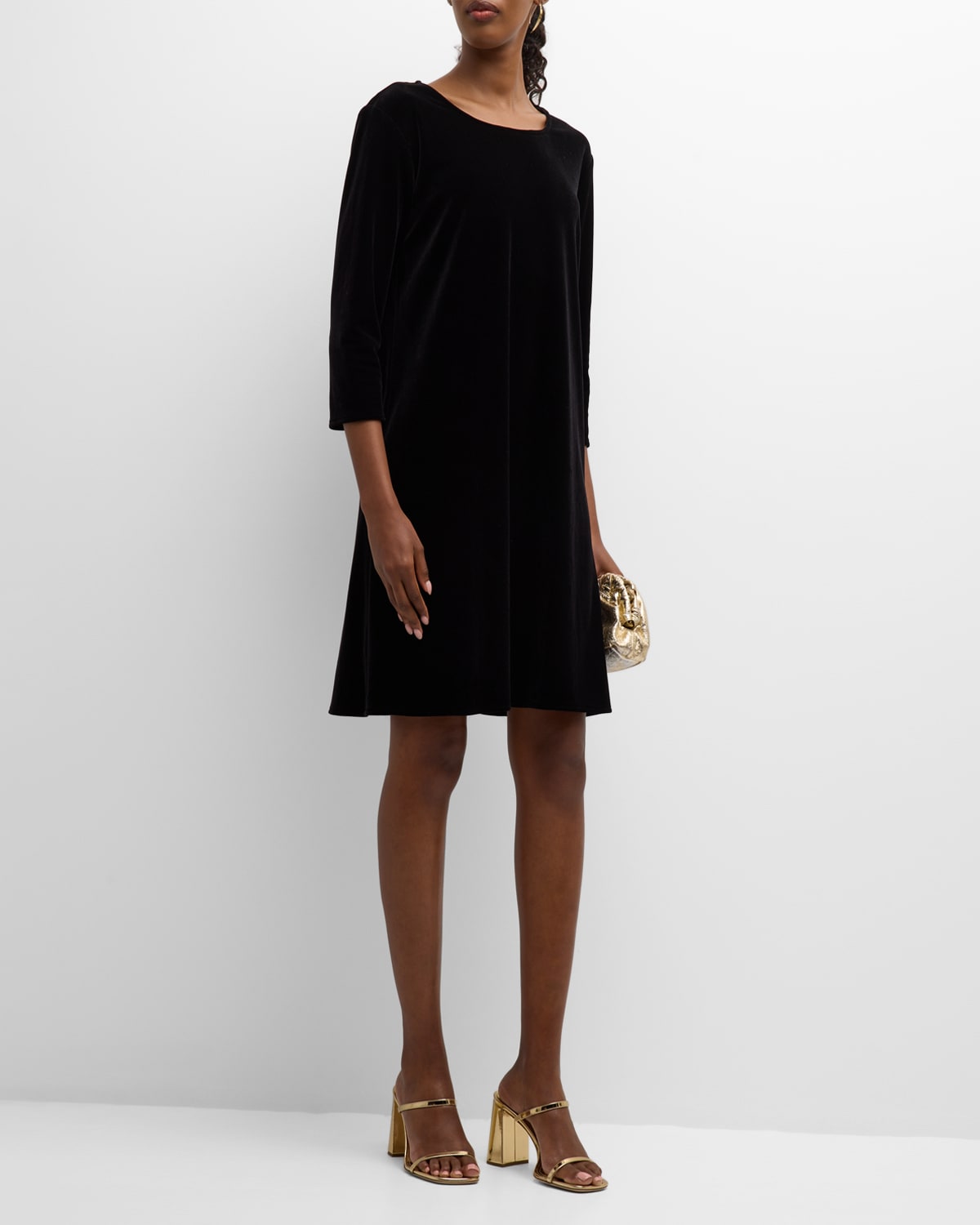 CAROLINE ROSE ROUND-NECK 3/4-SLEEVE A-LINE STRETCH-VELVET DRESS