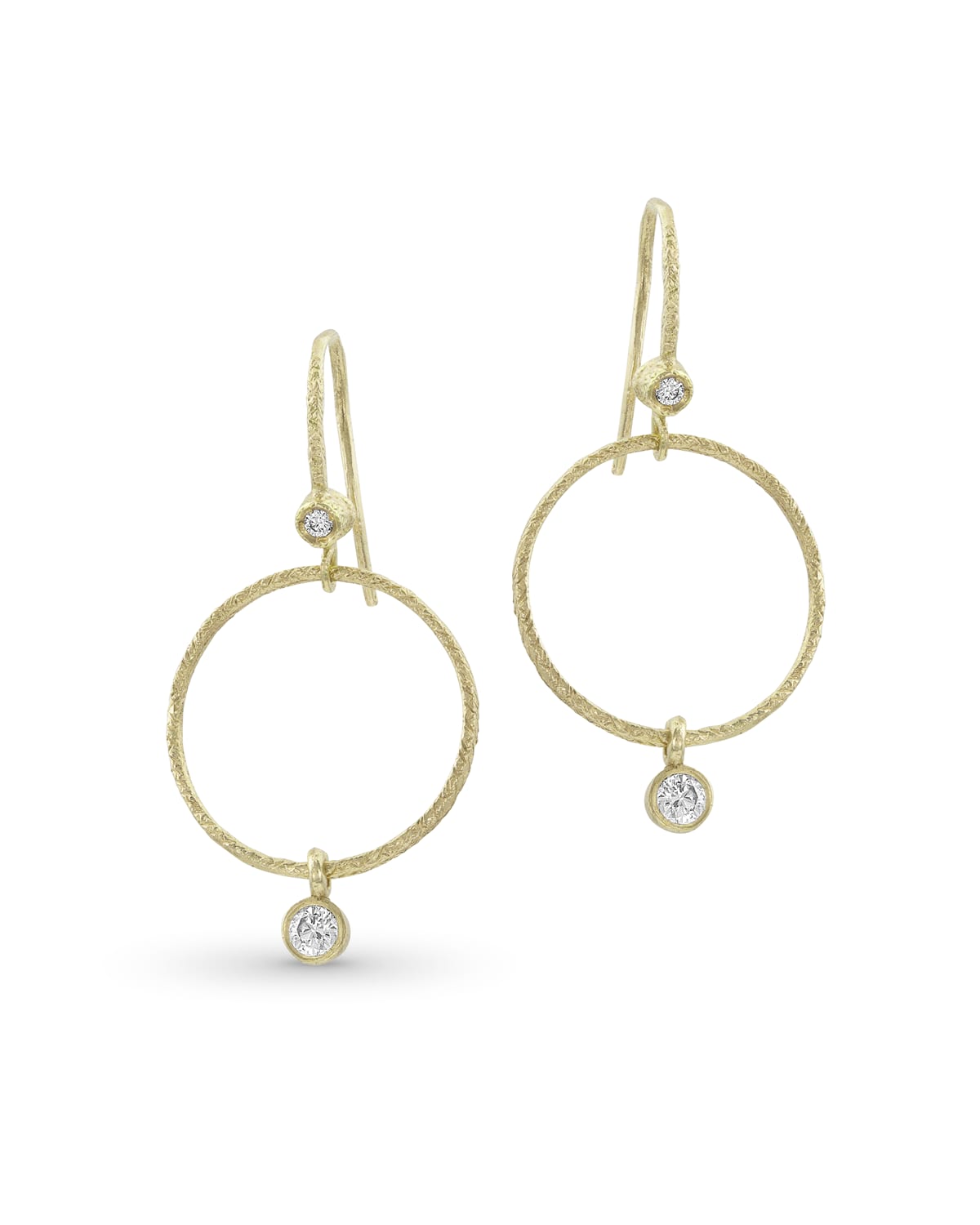 Textured 18k Gold Diamond Hoop Drop Earrings