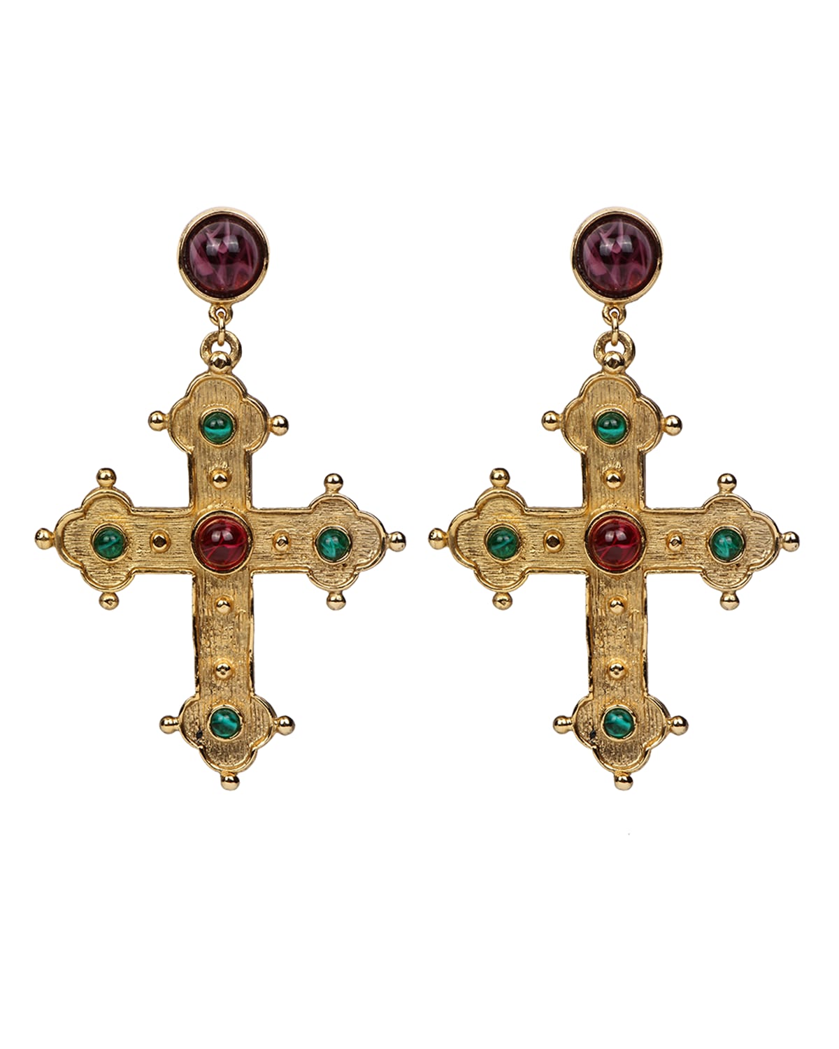 24k Gold Electroplated Ruby And Emeraldamy Cross Earrings