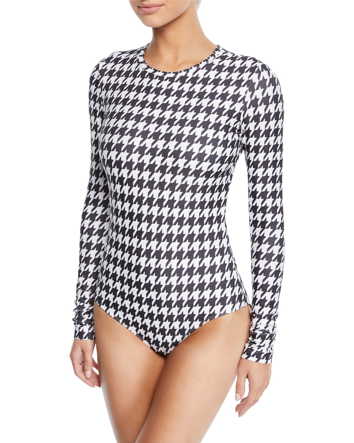 Cover Long-Sleeve Houndstooth One-Piece Swimsuit