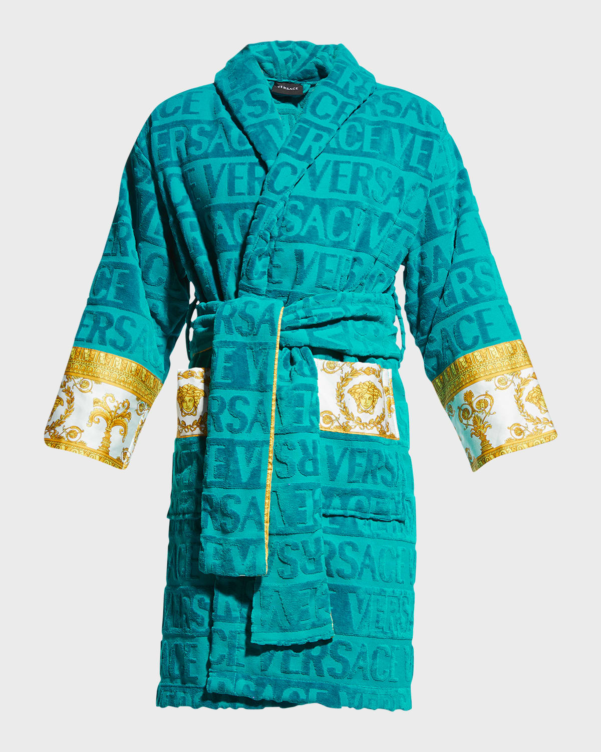 Versace Barocco & Robe Cotton Bathrobe In Blue