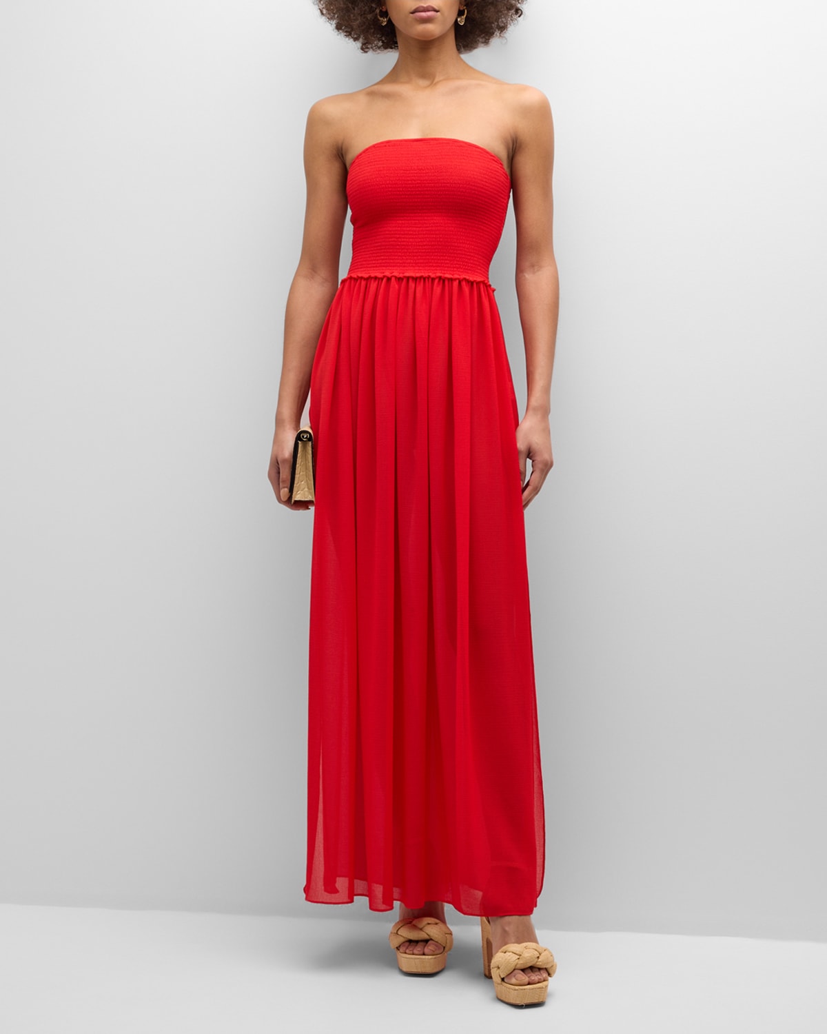 Shop Ramy Brook Calista Smocked Strapless Side-split Coverup Dress In Flame