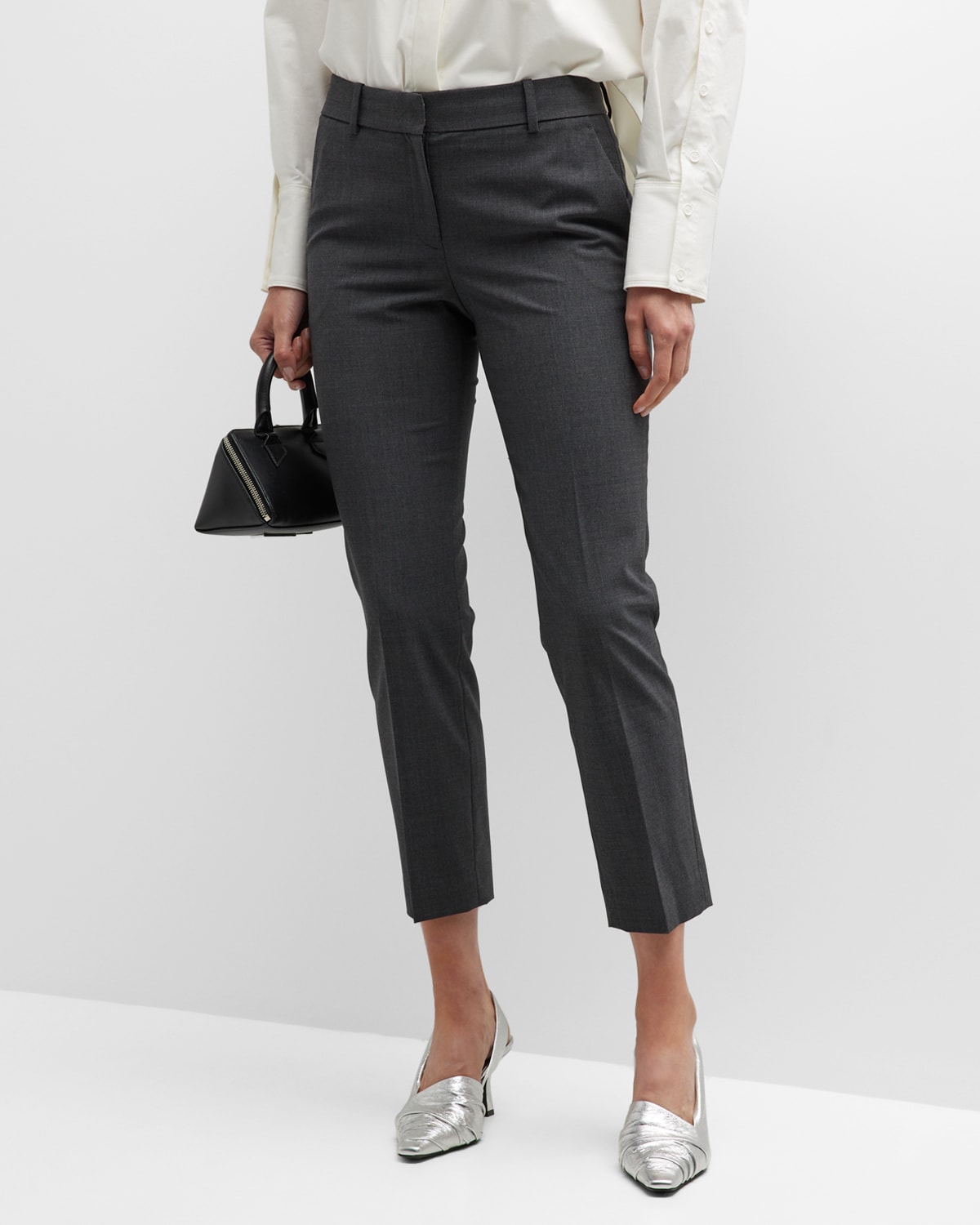 Theory Grey Slim Cropped High Rise Pull-On Pant in Wool Flannel