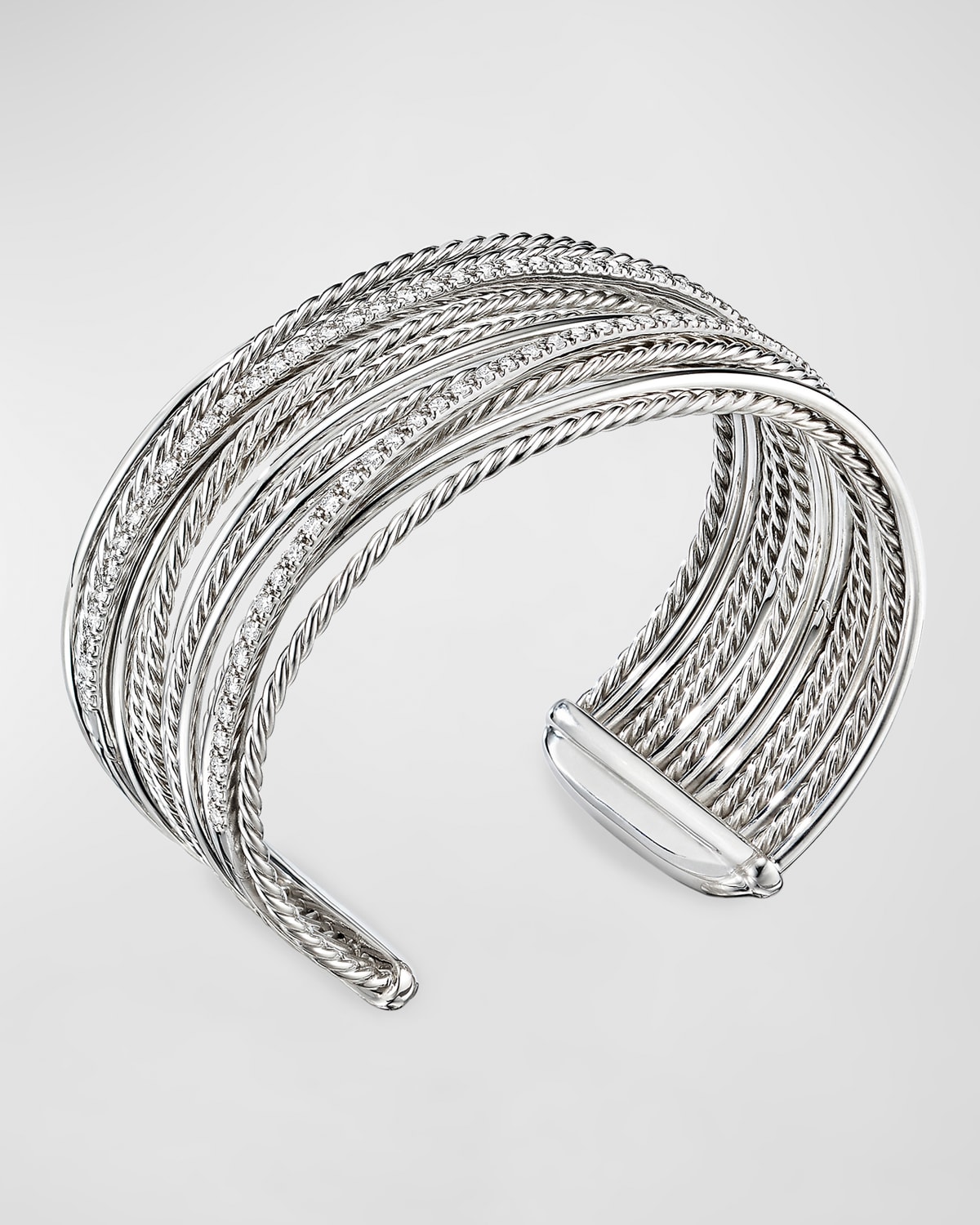 DY Crossover Cuff Bracelet with Diamonds in Silver, 28.5mm