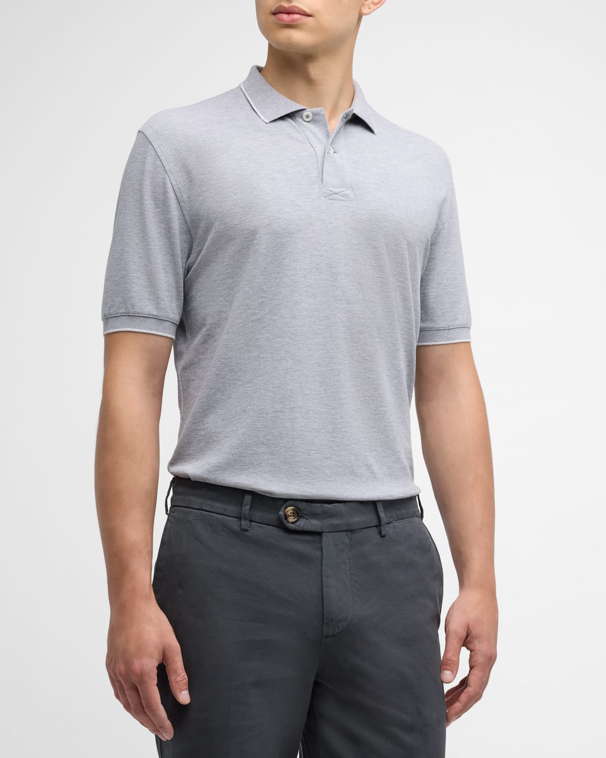 Brunello Cucinelli Men's Solid Pique Polo Shirt In Grey