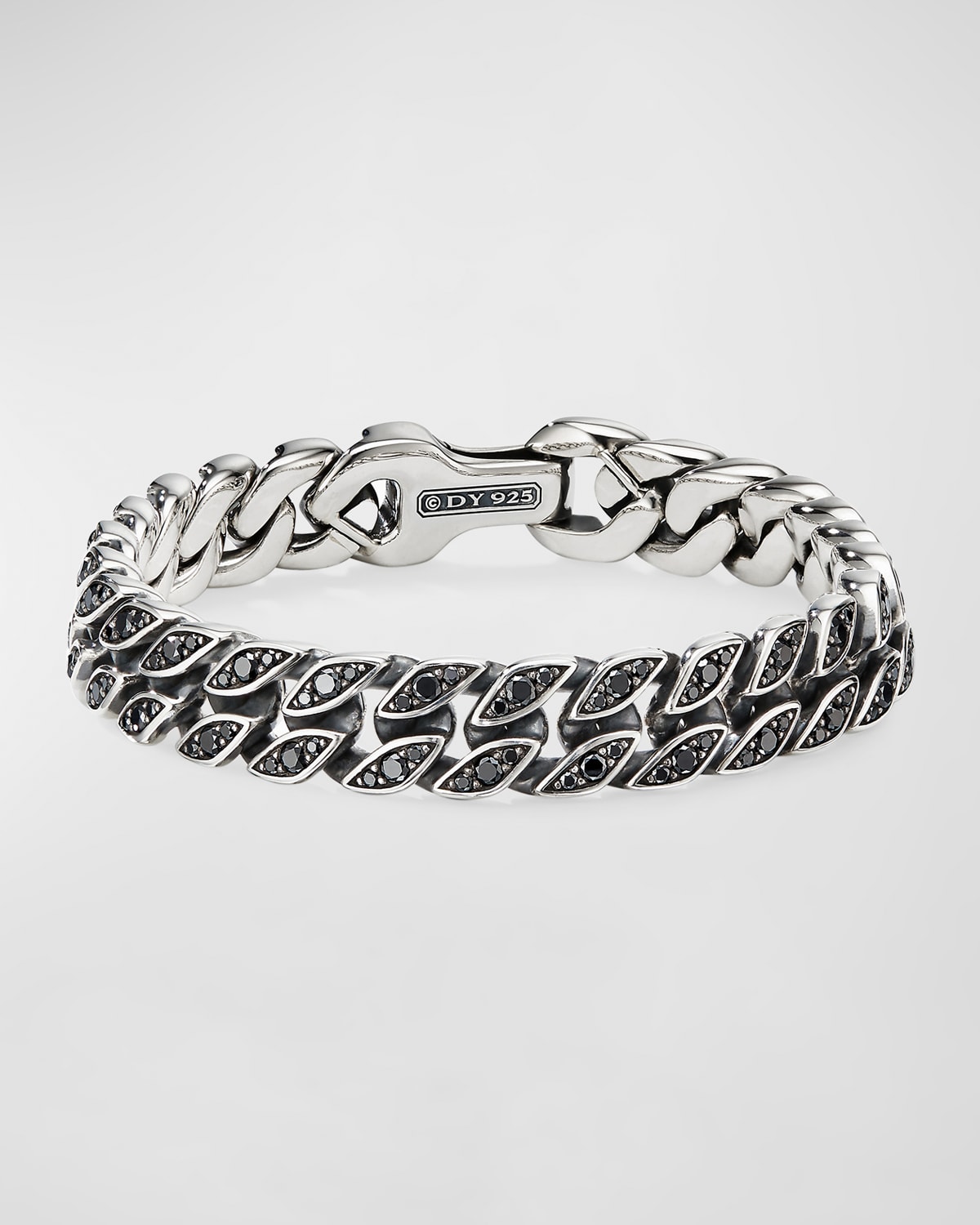 Men's Curb Chain Bracelet with Black Diamonds in Silver, 11.5mm