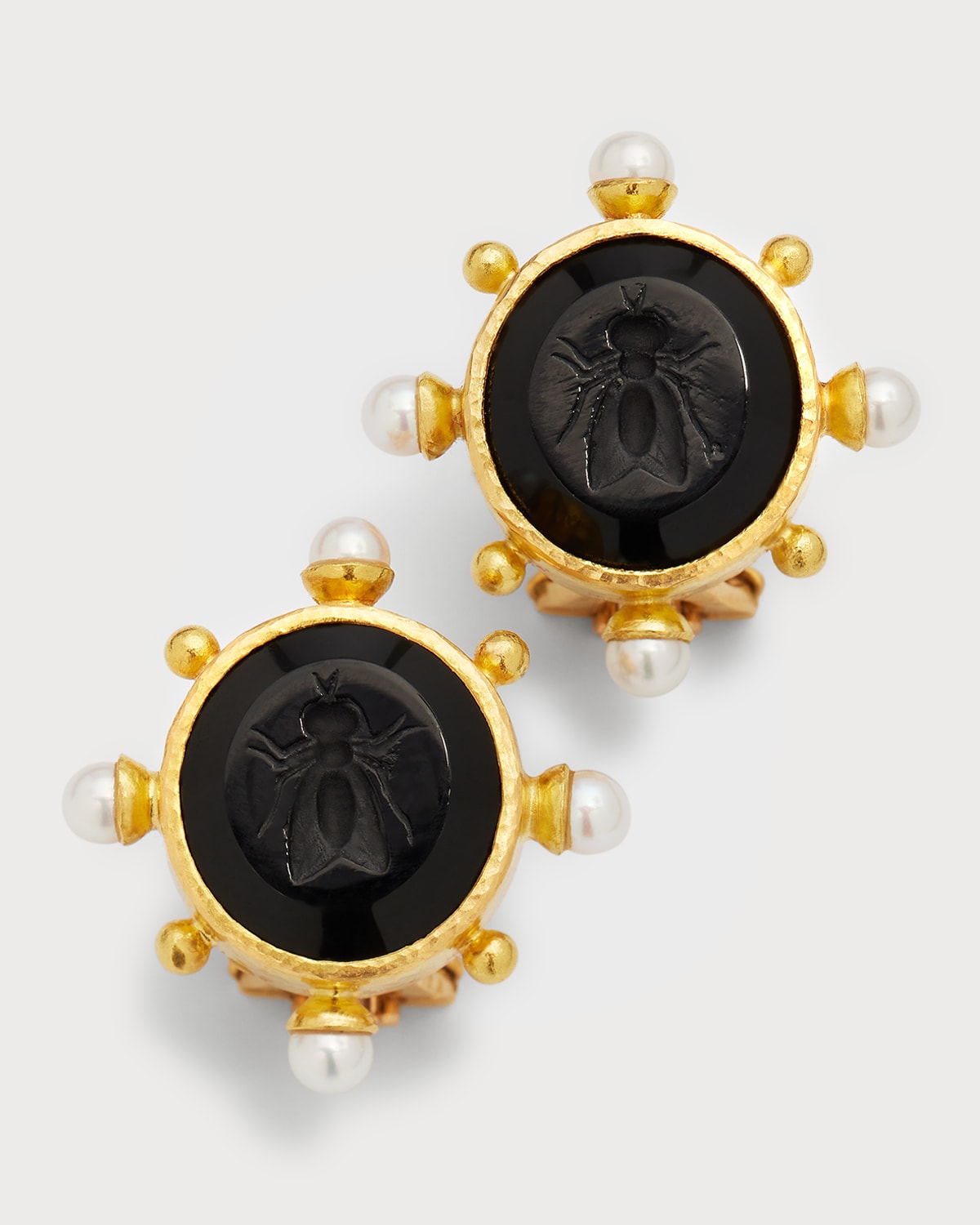 Elizabeth Locke 19K Venetian Glass Intaglio Bee and Pearl Earrings