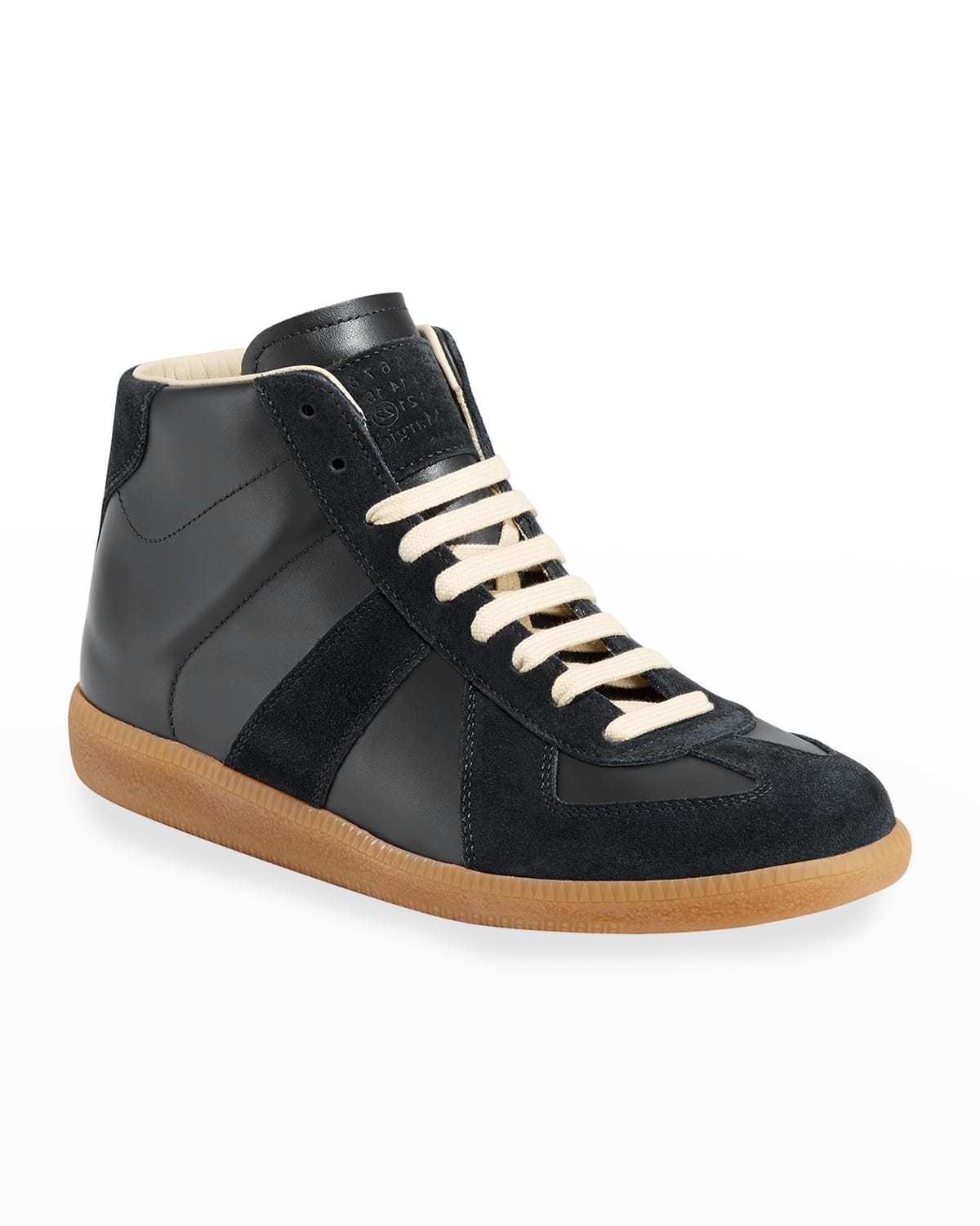 MAISON MARGIELA MEN'S REPLICA PANELED LEATHER/SUEDE HIGH-TOP SNEAKERS,PROD239490137
