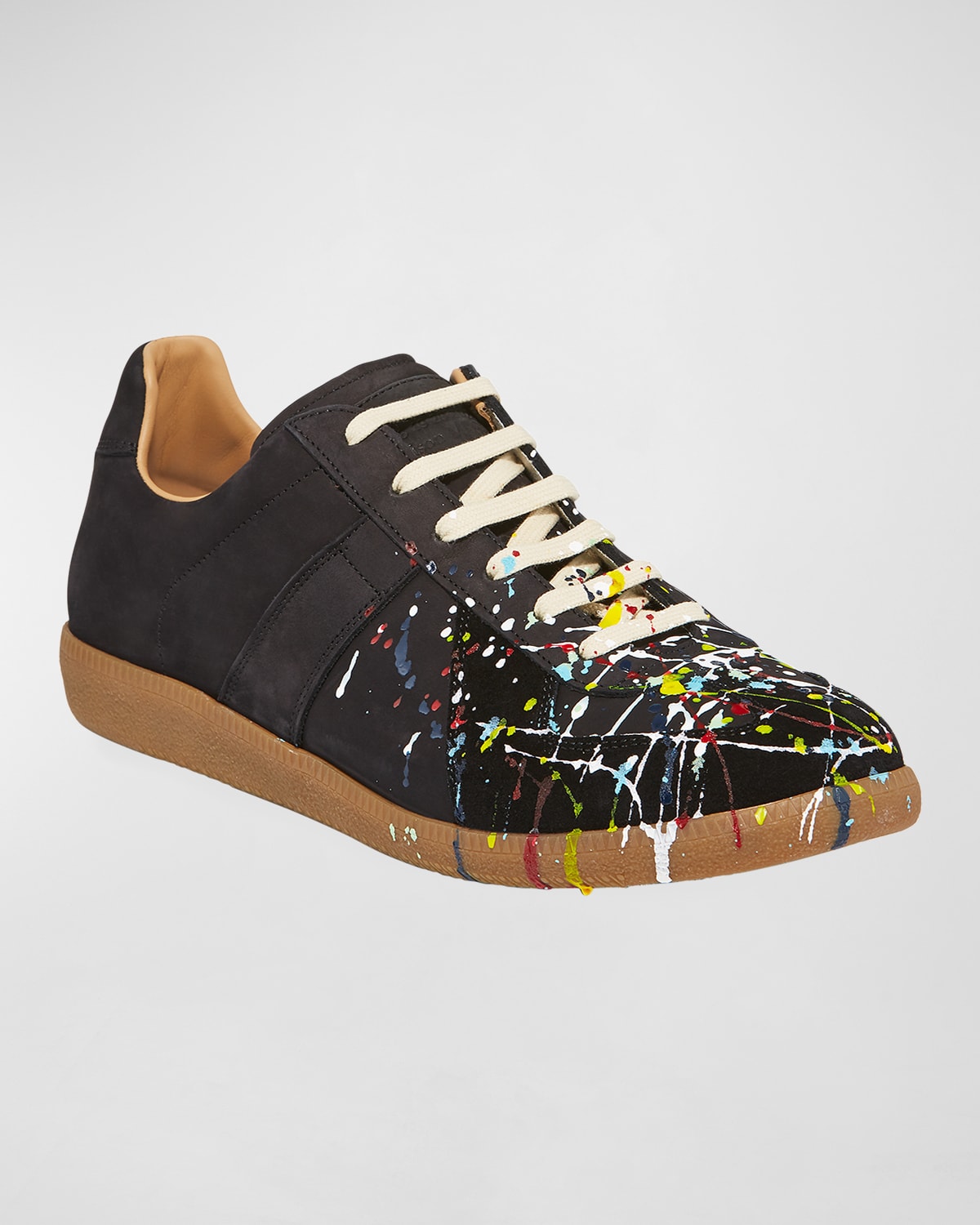 Shop Maison Margiela Men's Replica Paint-splatter Low-top Sneakers In Black