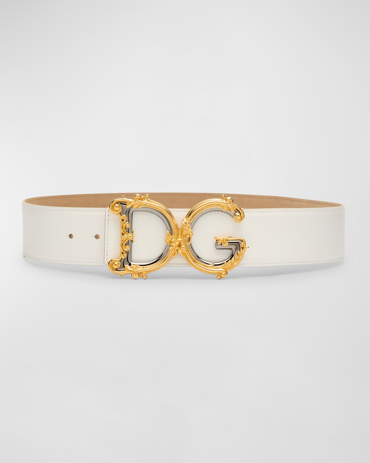 Dolce & Gabbana Baroque Logo Leather Belt In White