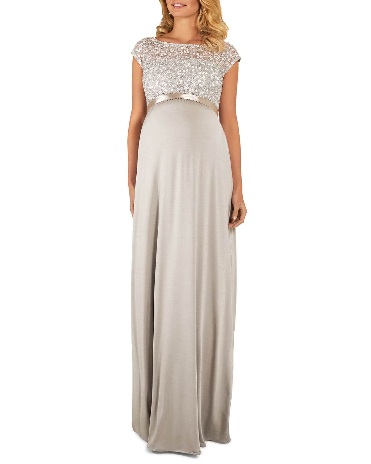 Tiffany Rose Maternity Mia Cap-sleeve Gown With Sequin Bodice & Full-length Skirt In Silver